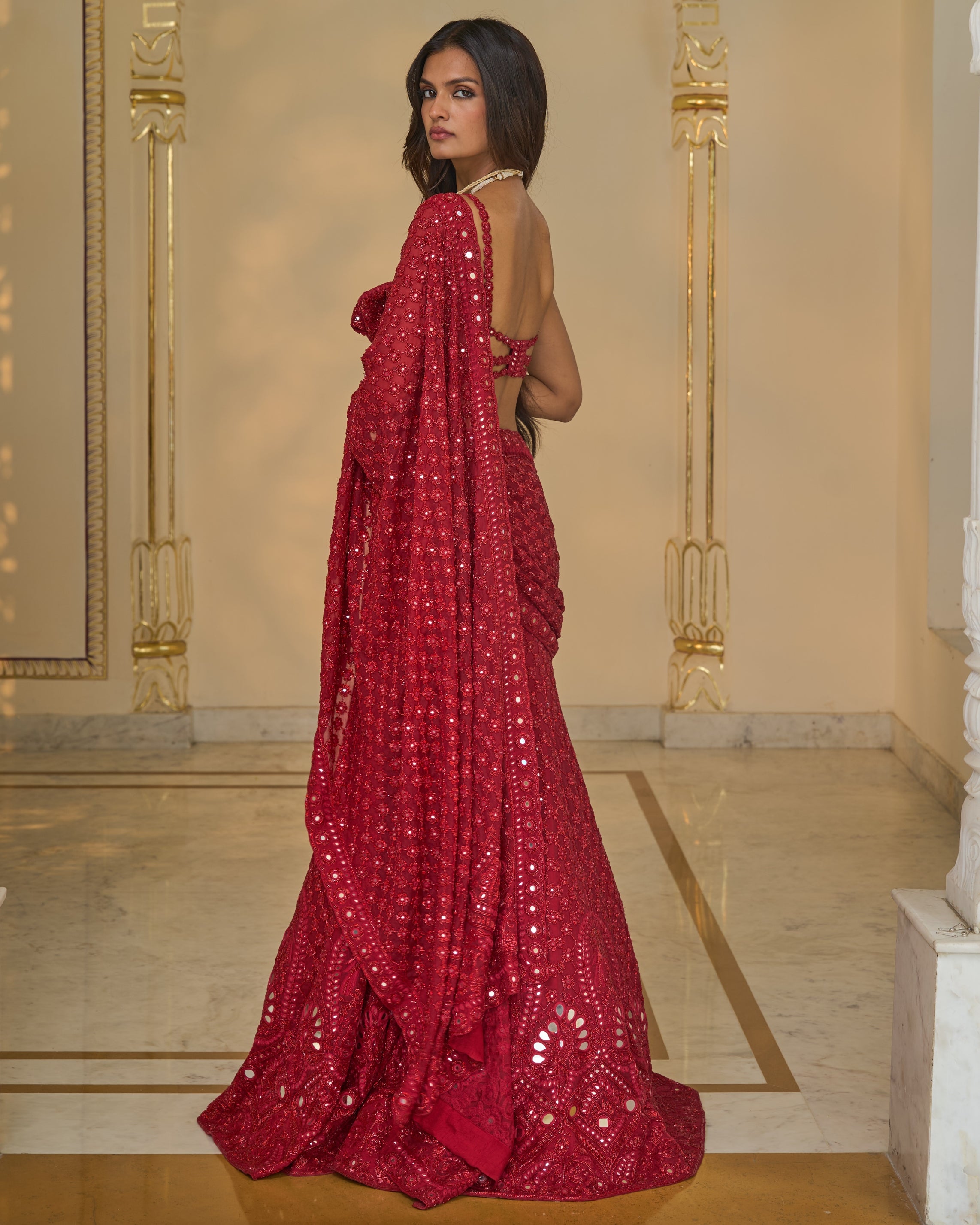 Red Hand Embroidered Pre
 Stitched Lehenga
 Sari Set