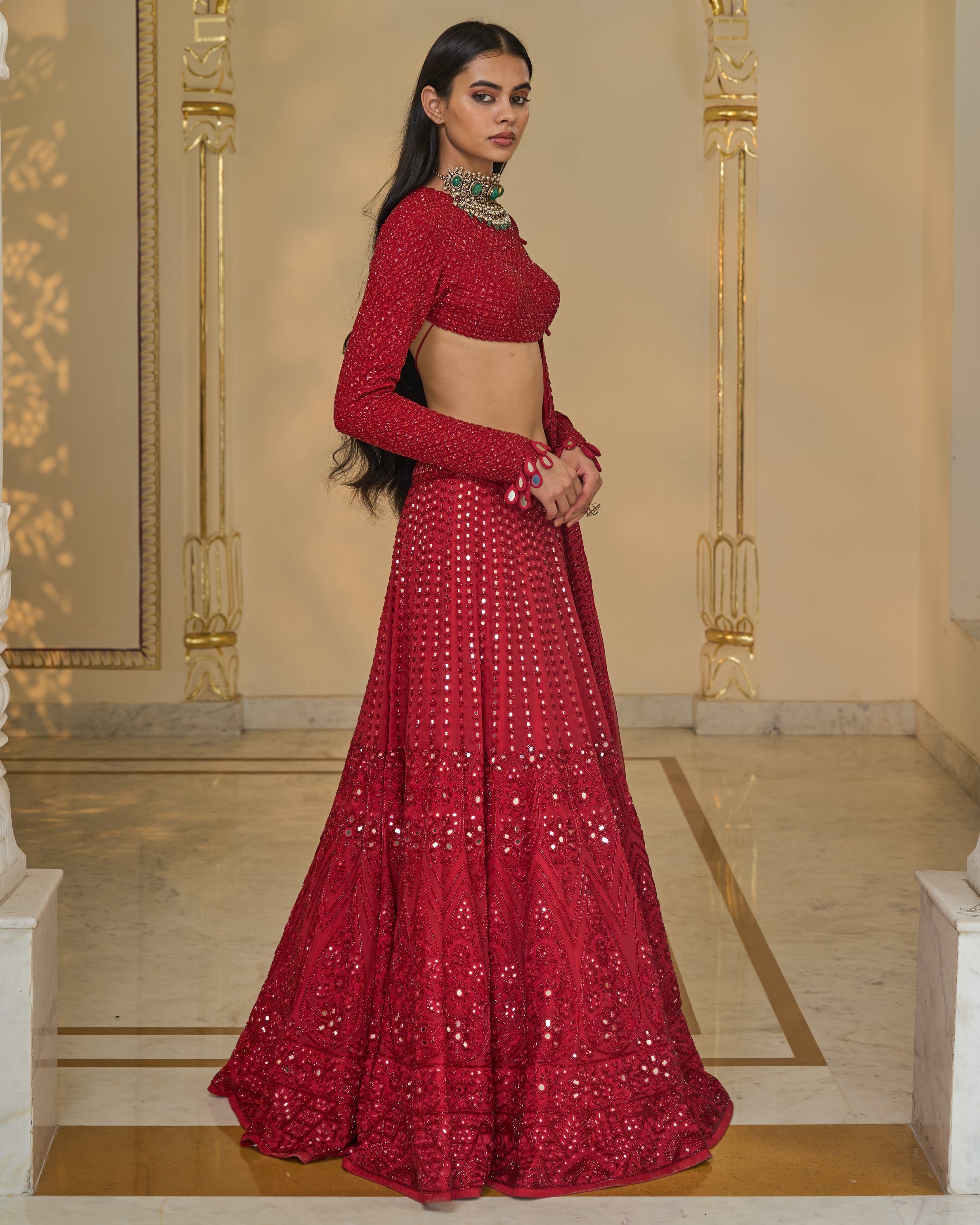 All Red Hand Embroidered Linear Lehenga Set