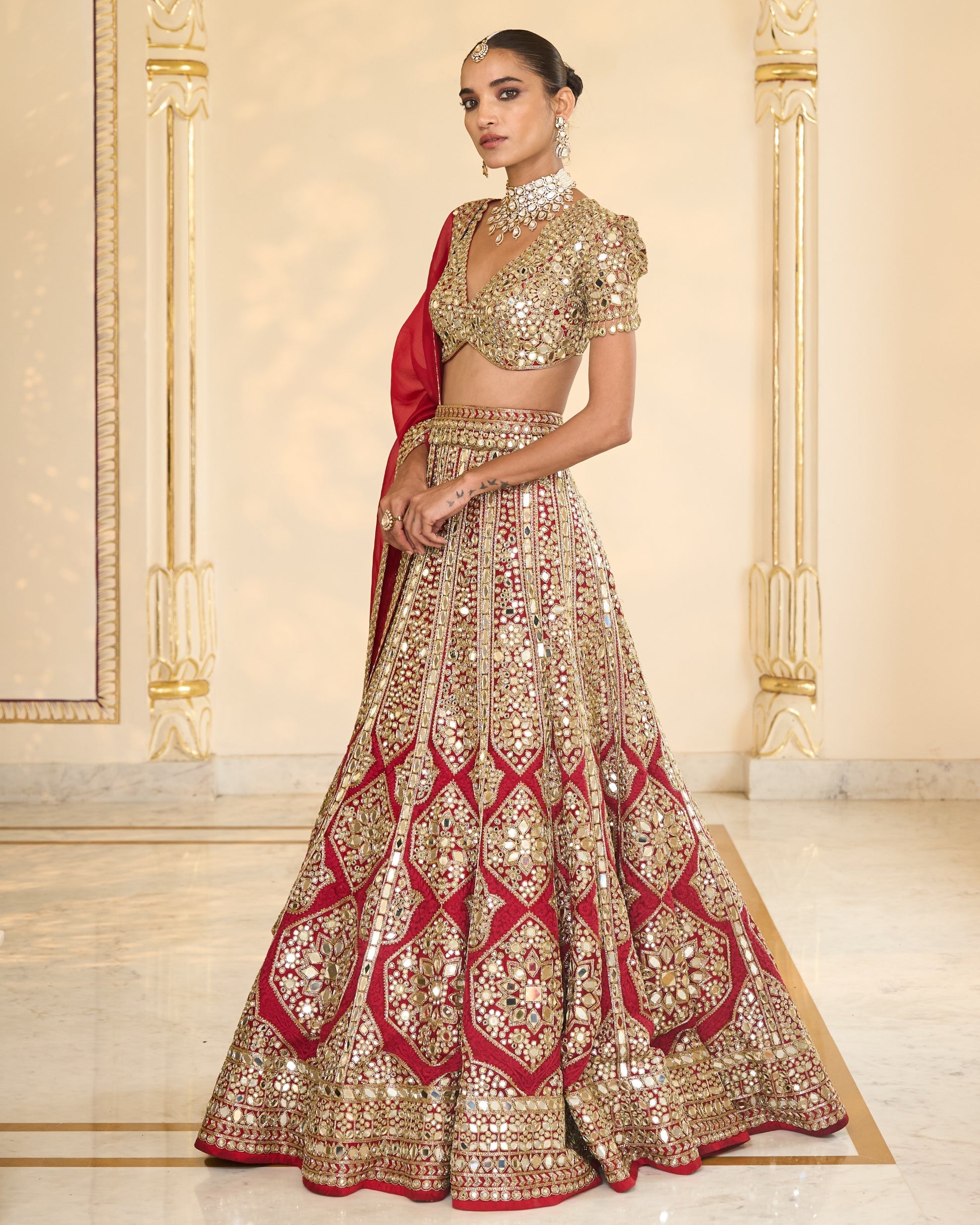 Red & Gold Hand Embroidered Mirror & Thread Lehenga Set