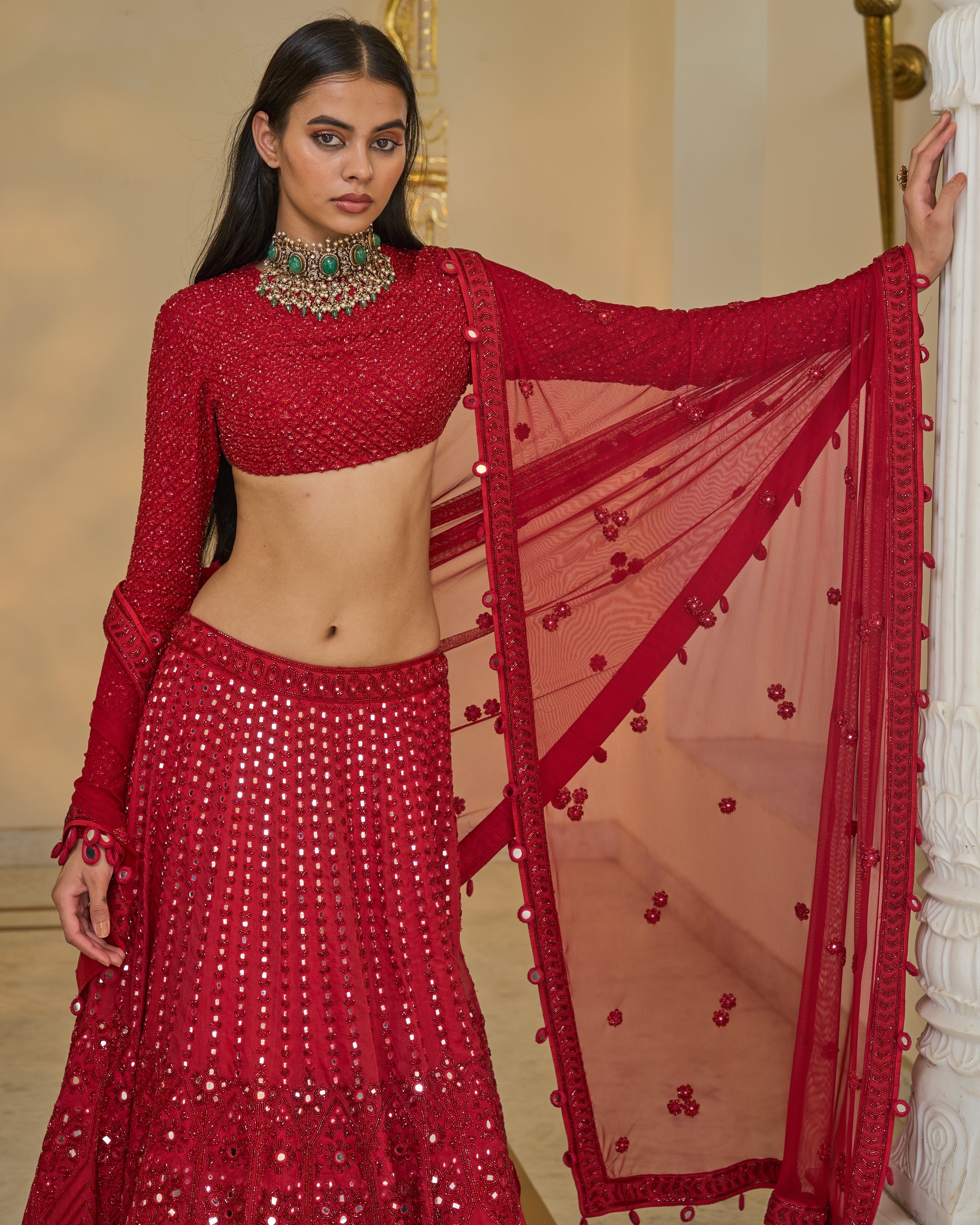 All Red Hand Embroidered Linear Lehenga Set