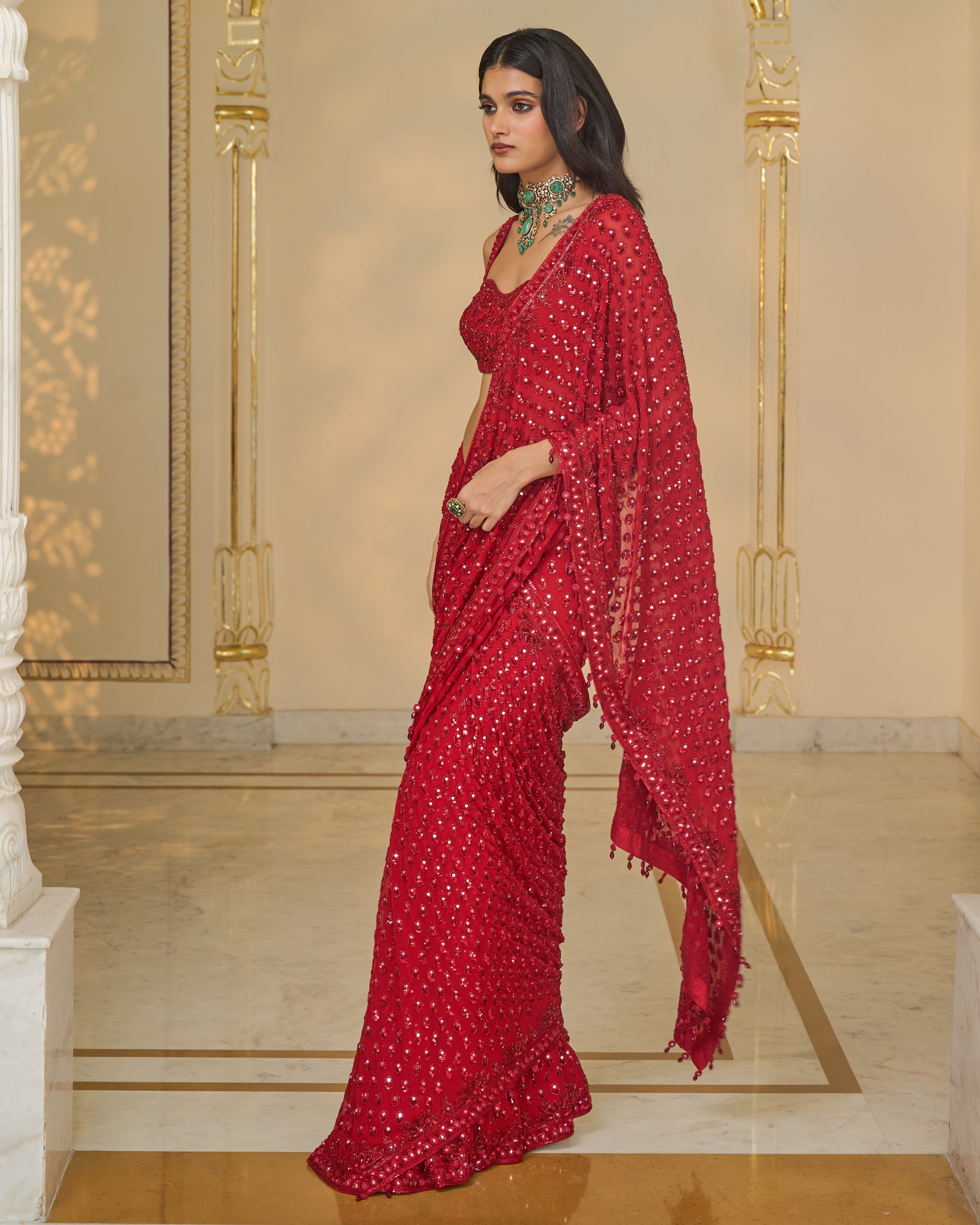 All Red Hand Embroidered Sari Set