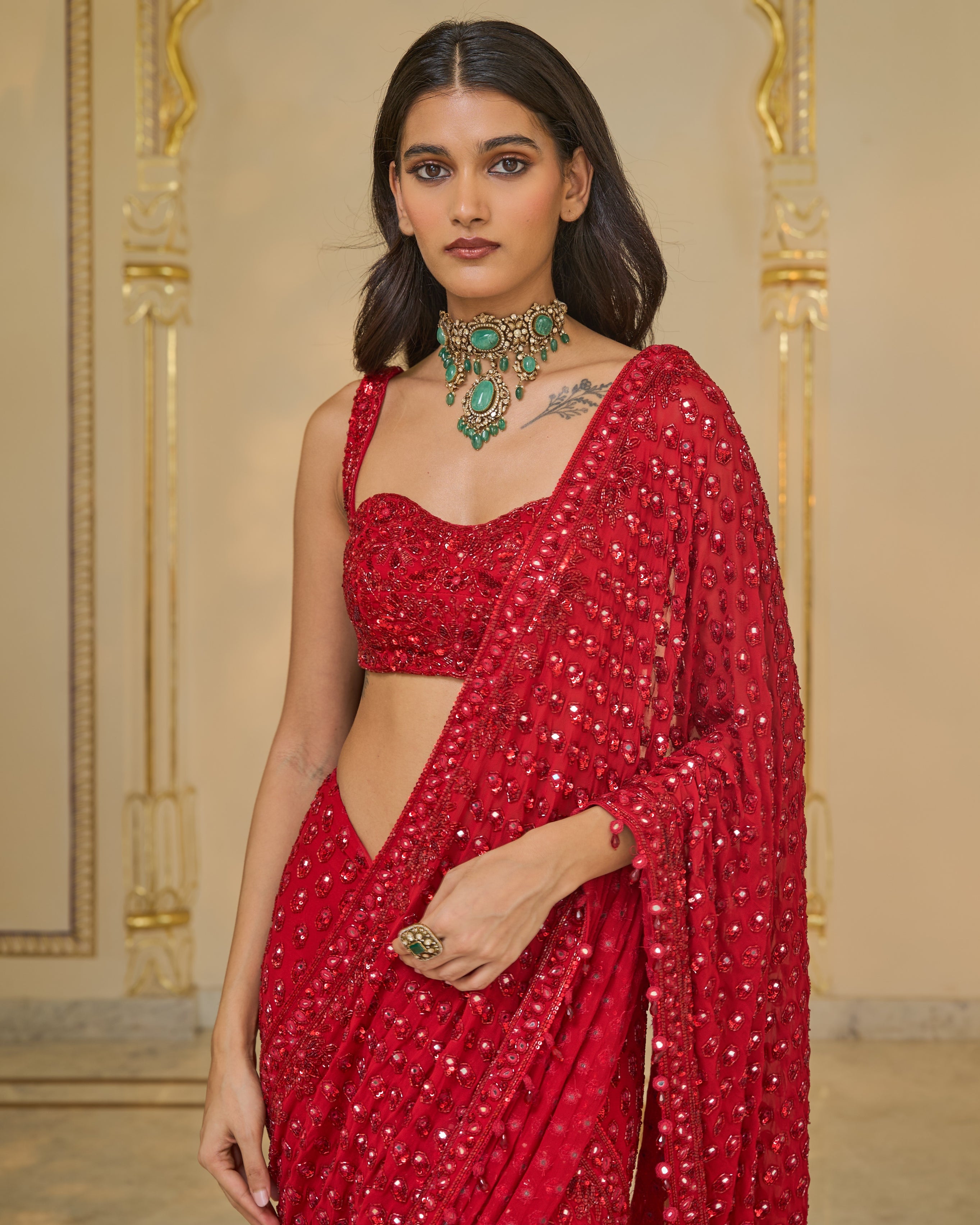 All Red Hand Embroidered Sari Set
