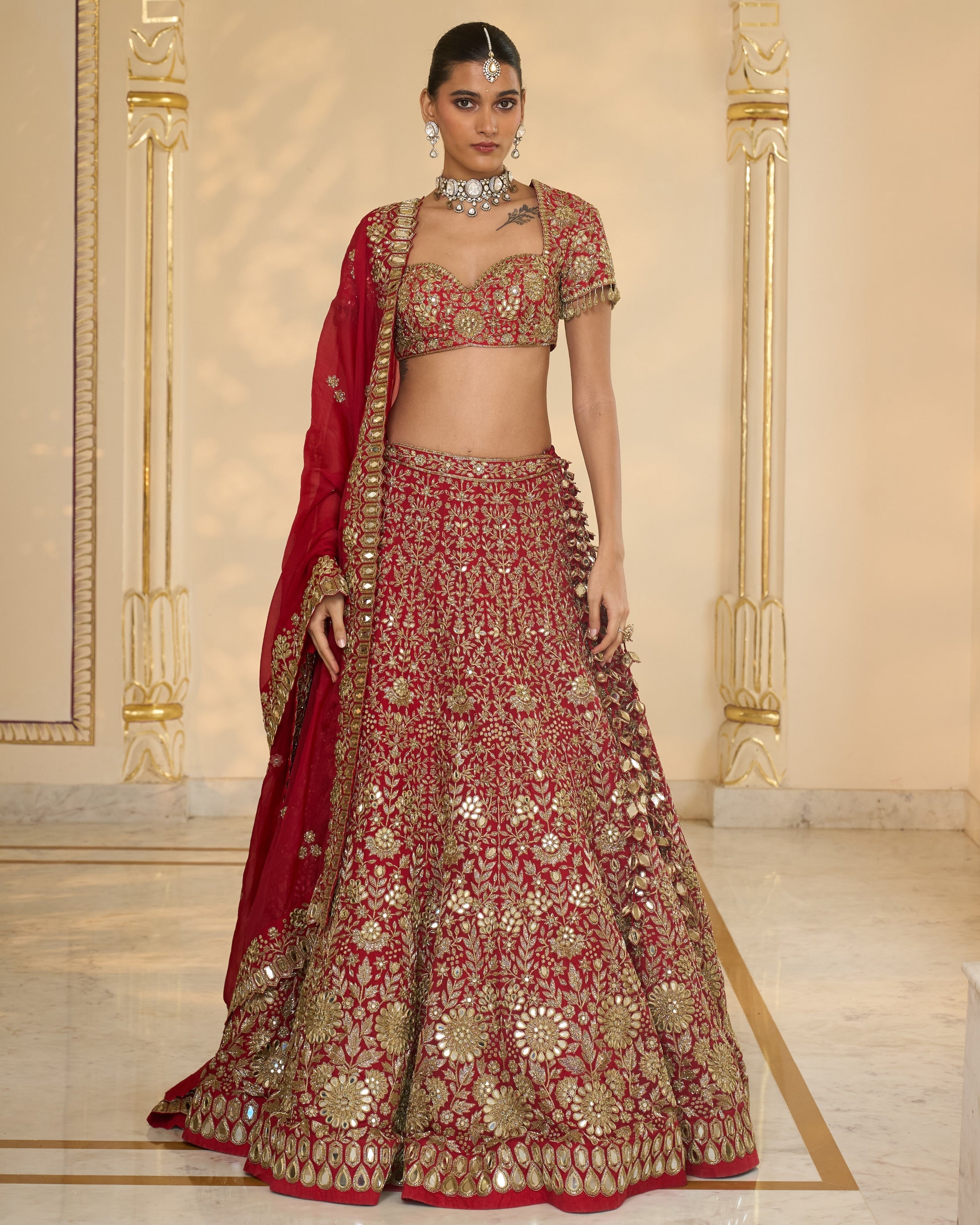 Red & Gold Floral Hand Embroidered Lehenga Set