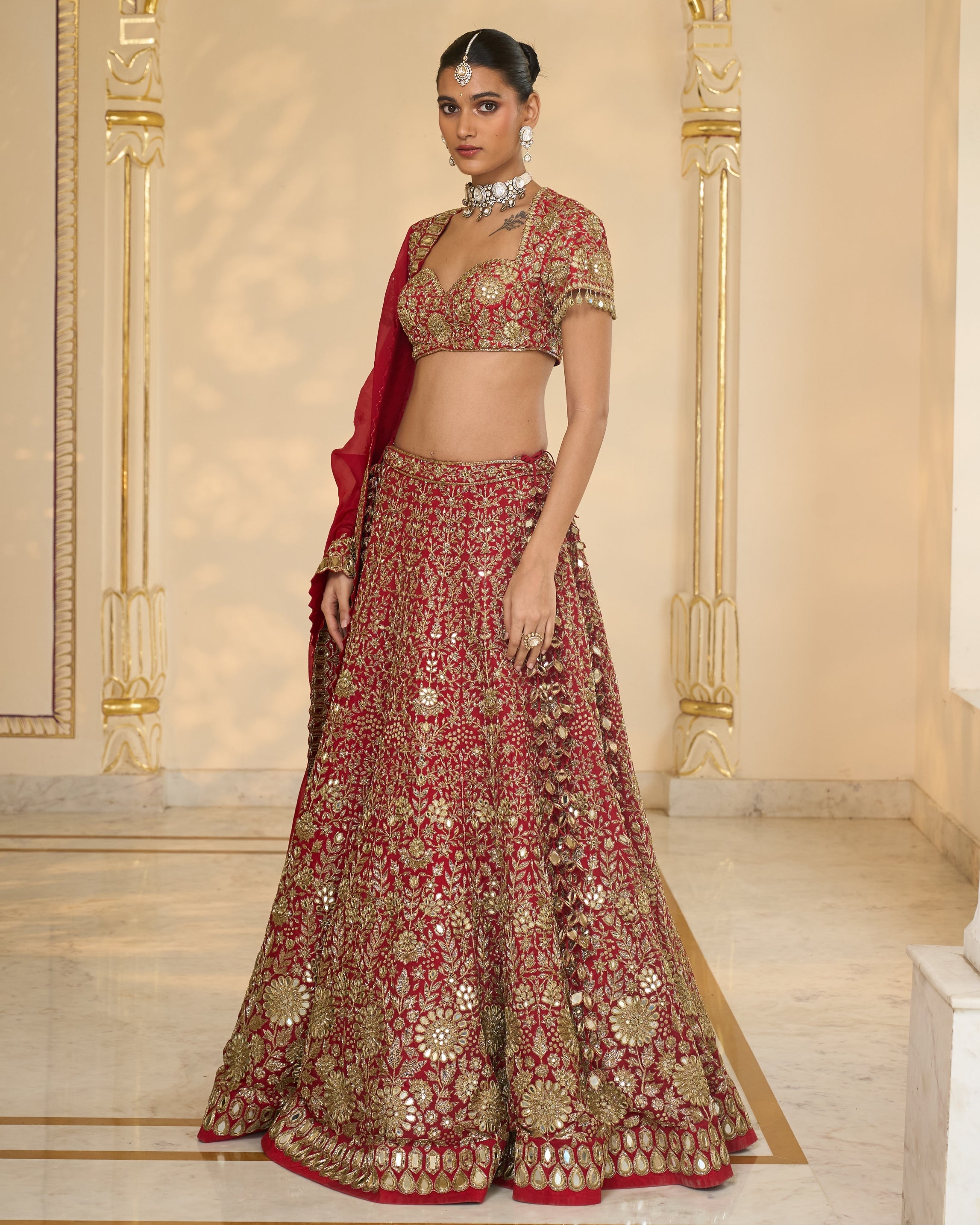 Red & Gold Floral Hand Embroidered Lehenga Set