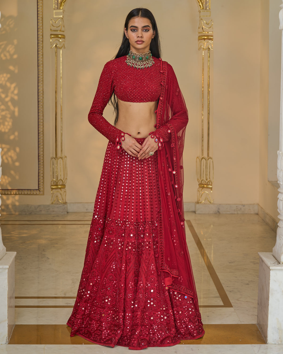 All Red Hand Embroidered Linear Lehenga Set