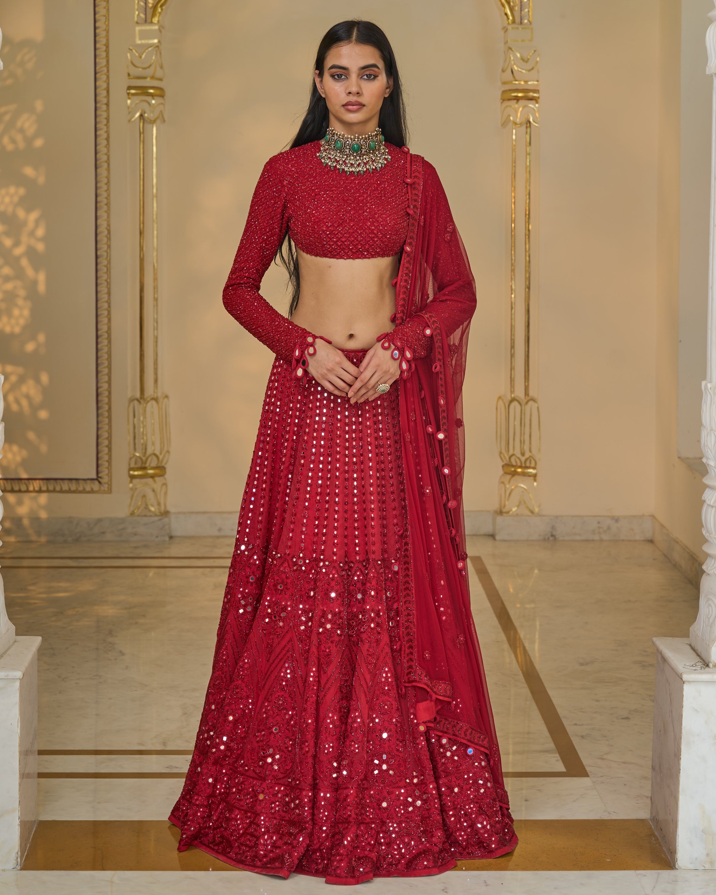 All Red Hand Embroidered Linear Lehenga Set