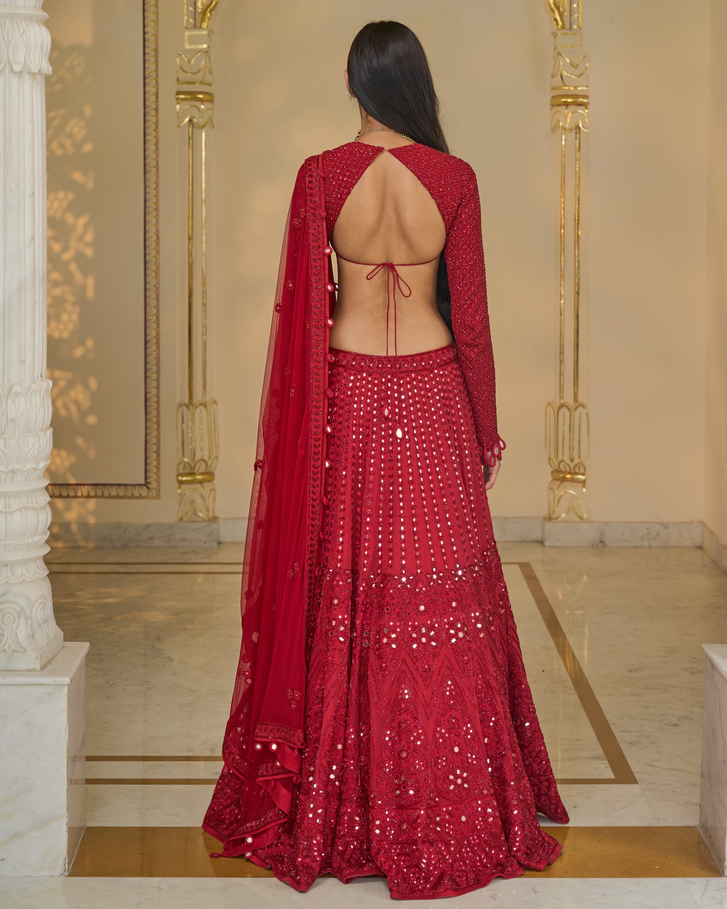 All Red Hand Embroidered Linear Lehenga Set