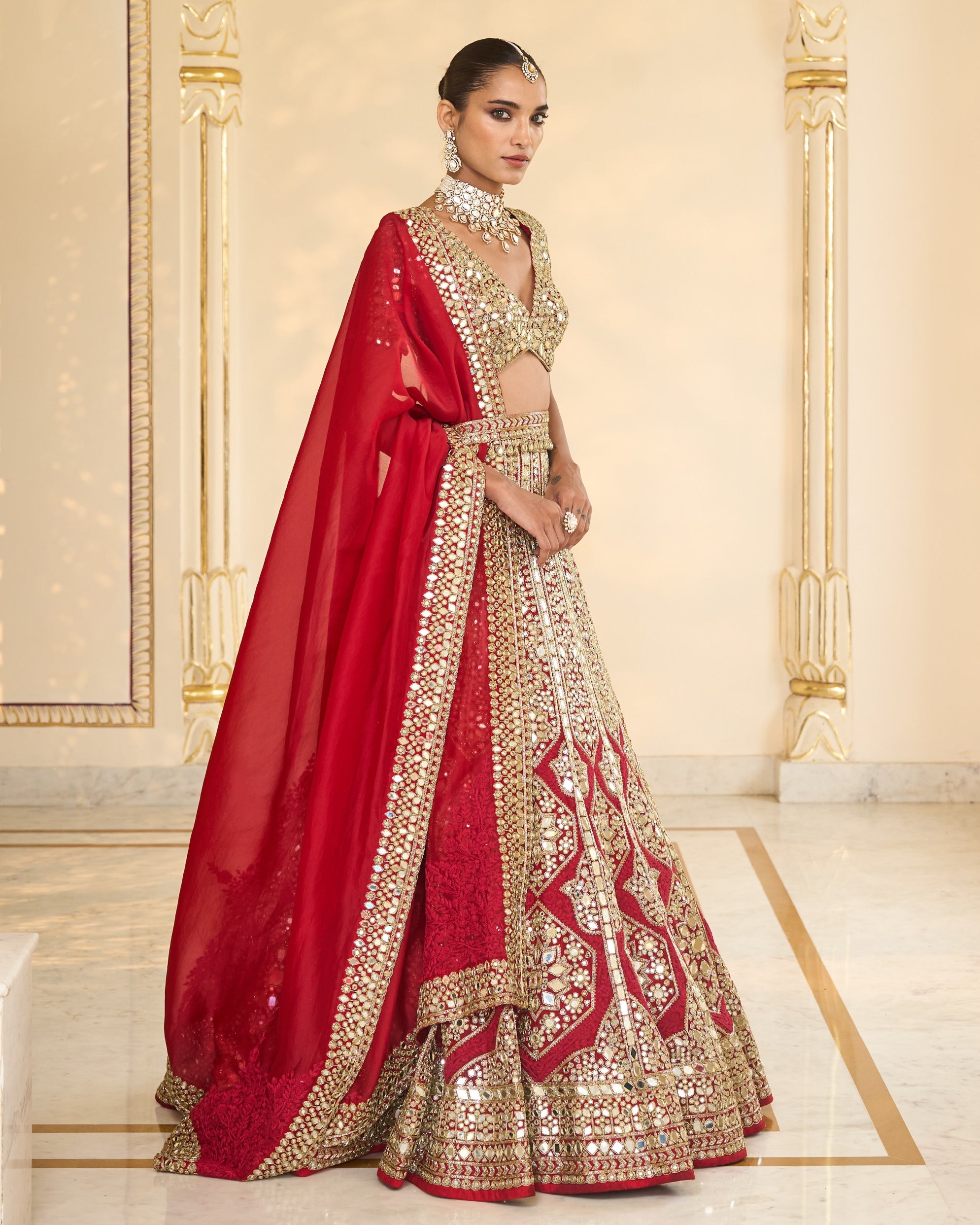 Red & Gold Hand Embroidered Mirror & Thread Lehenga Set