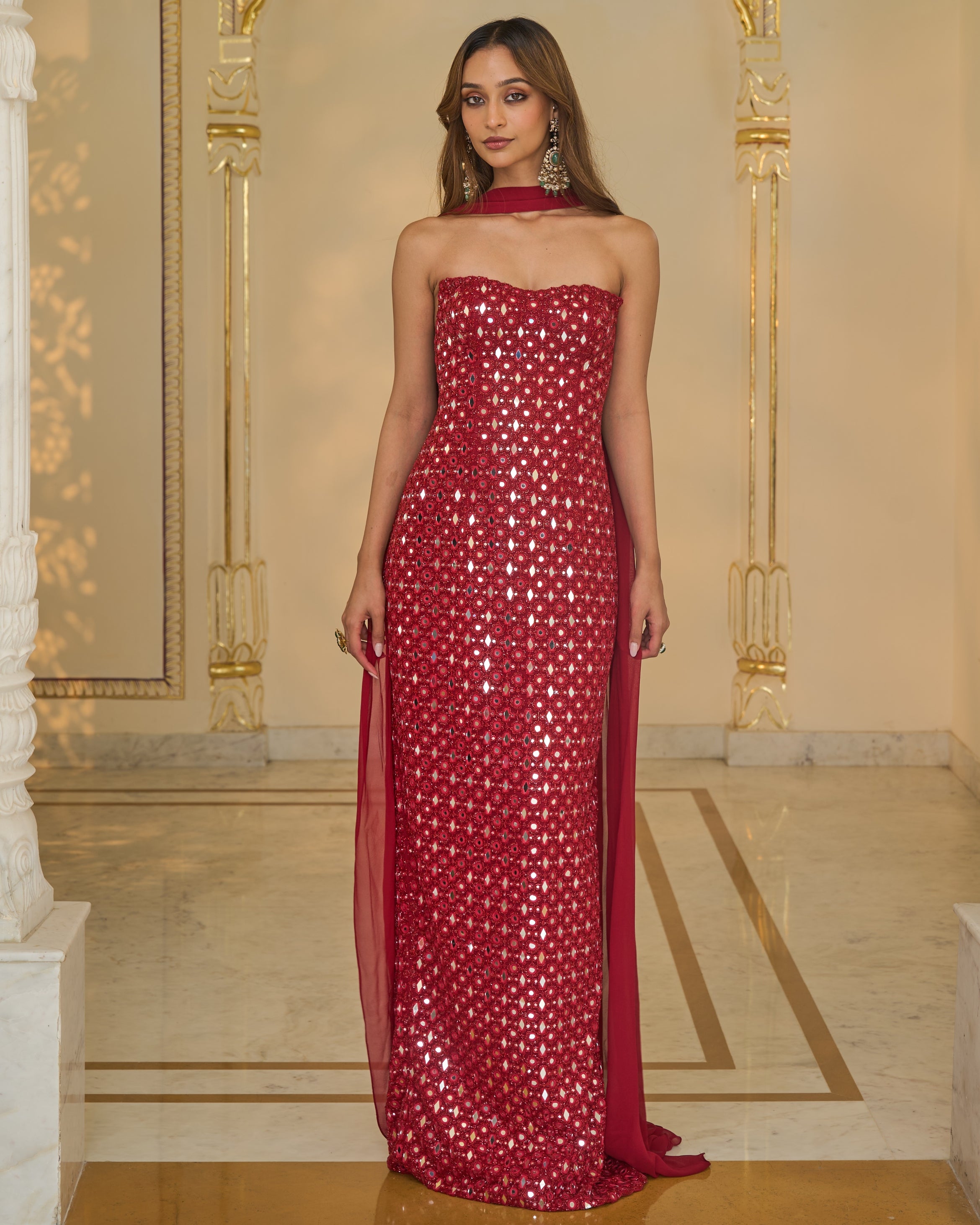 All Red Gold Bodycon Dress With Slim Dupatta