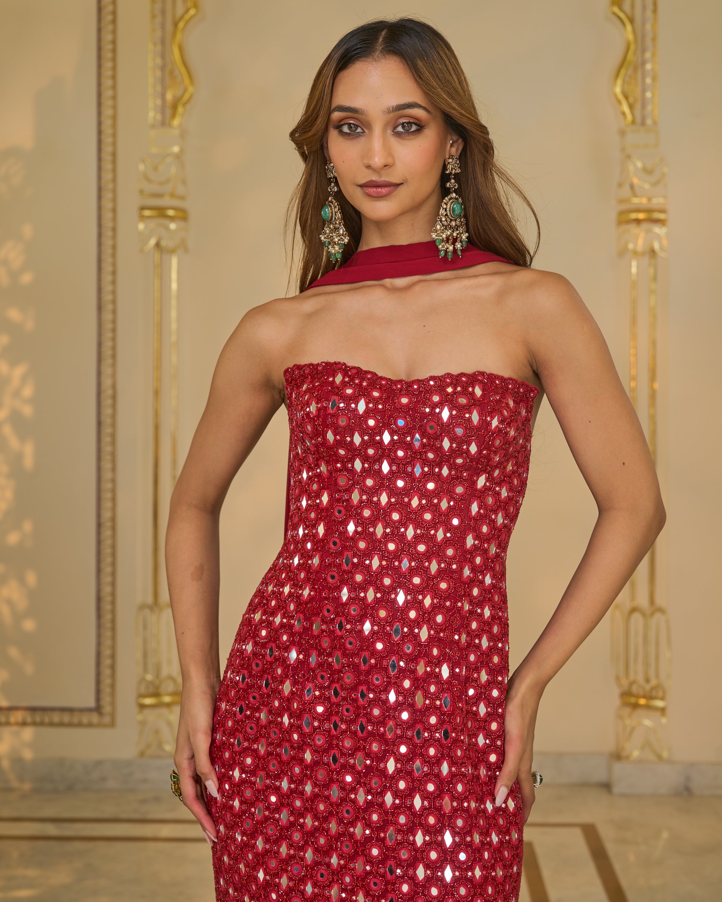 All Red Gold Bodycon Dress With Slim Dupatta