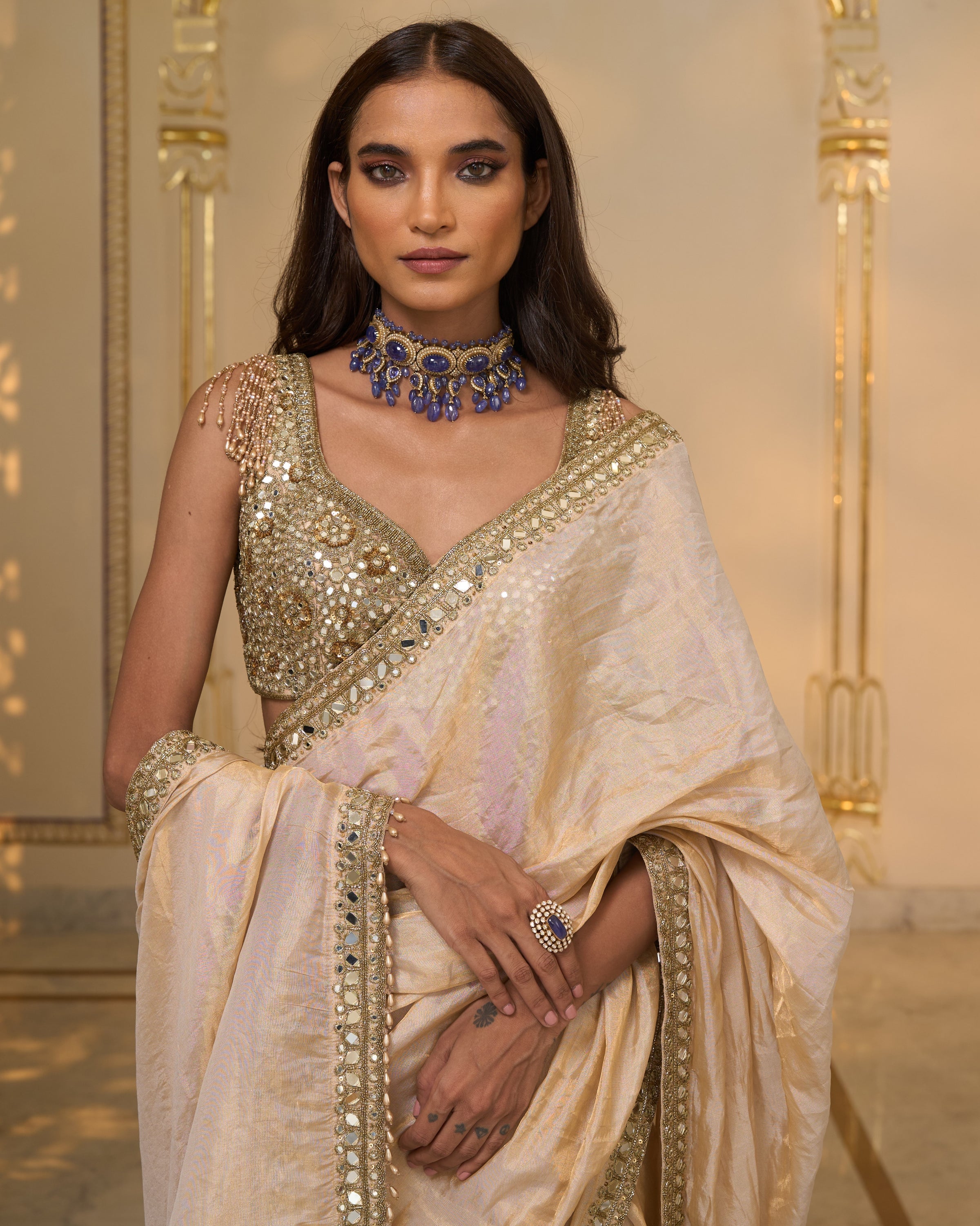Gold Tissue Hand Embroidered 
Classic Sari Set