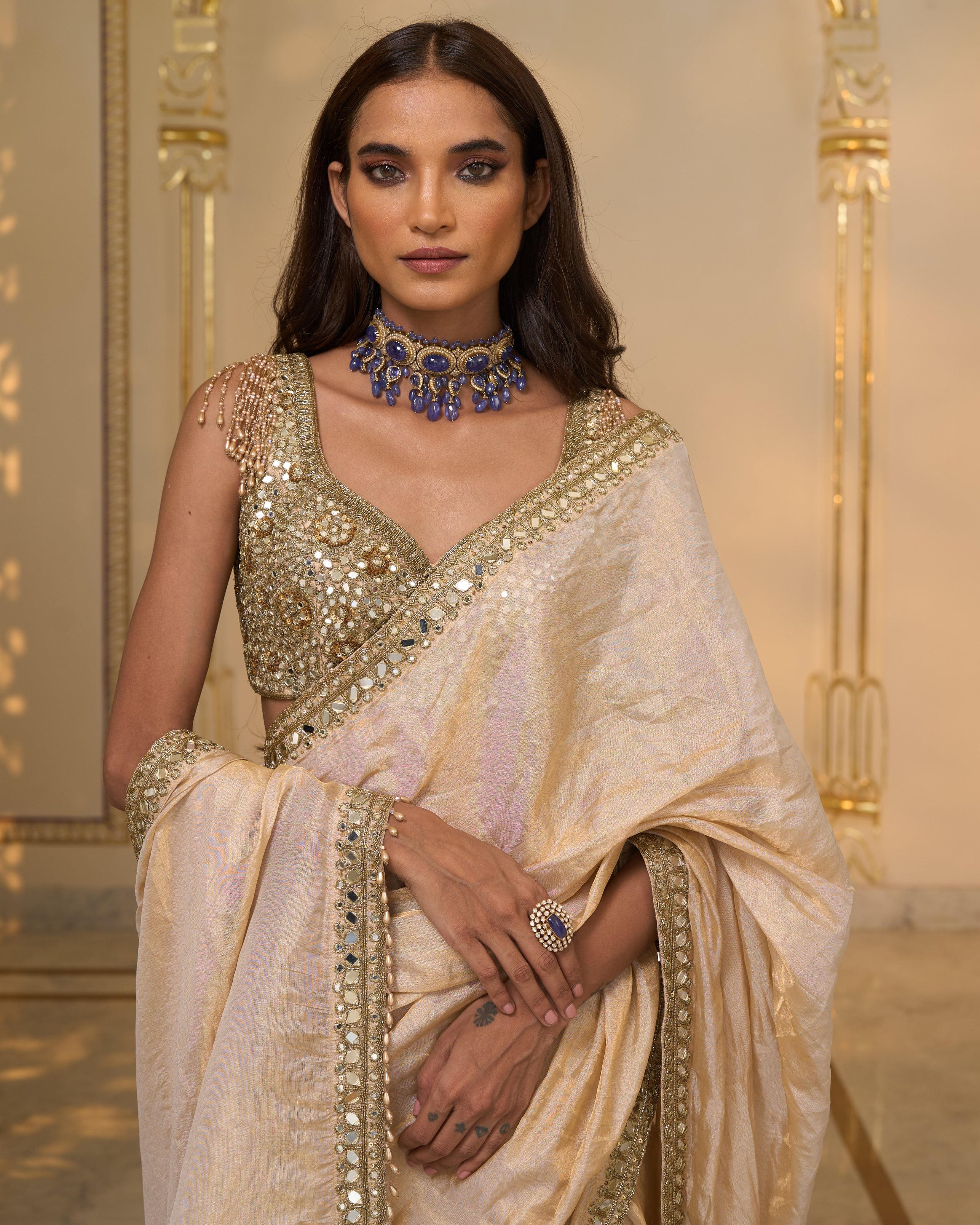 Gold Tissue Hand Embroidered 
Classic Sari Set