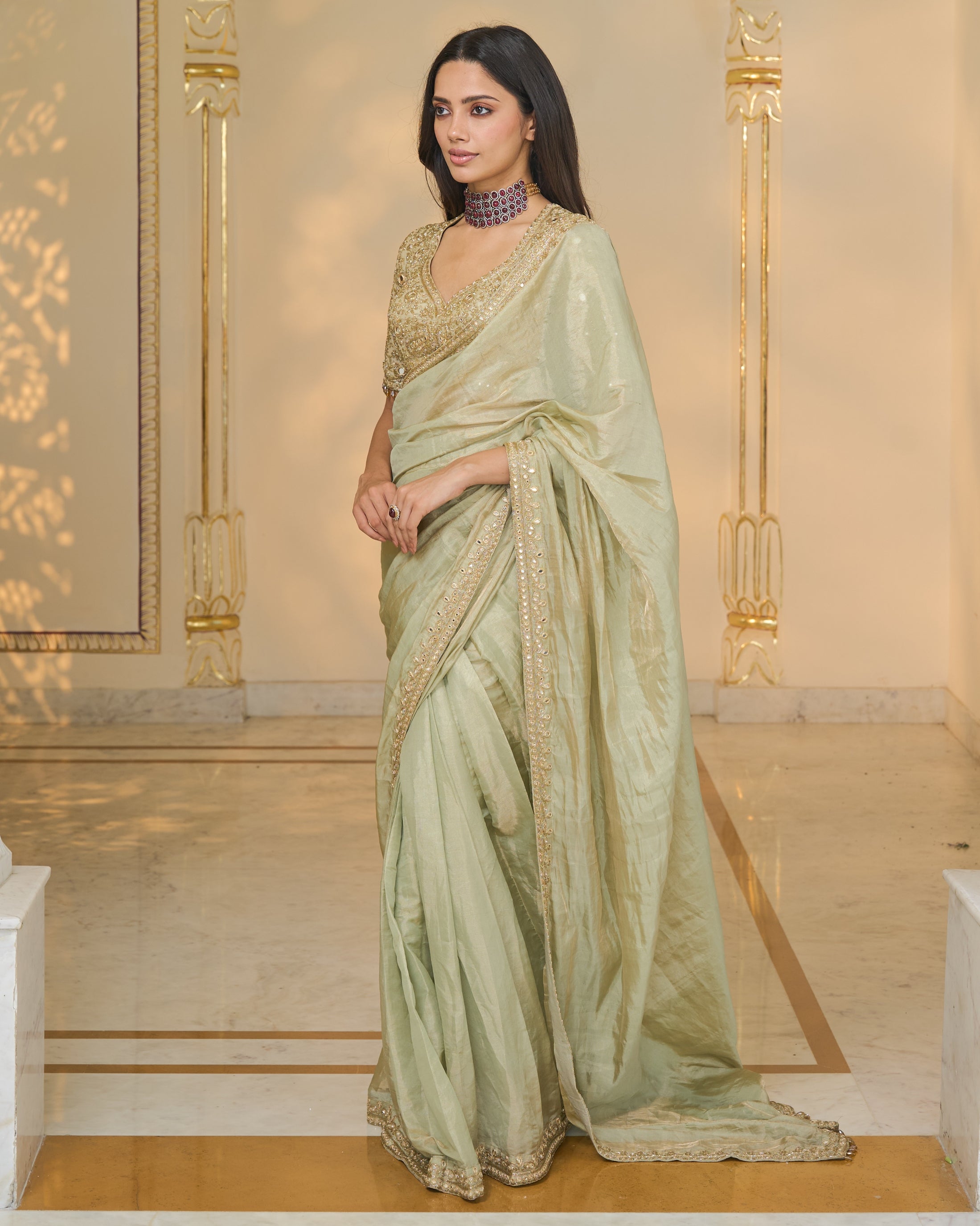 Sage Green Tissue Hand Embroidered 
Classic Sari Set