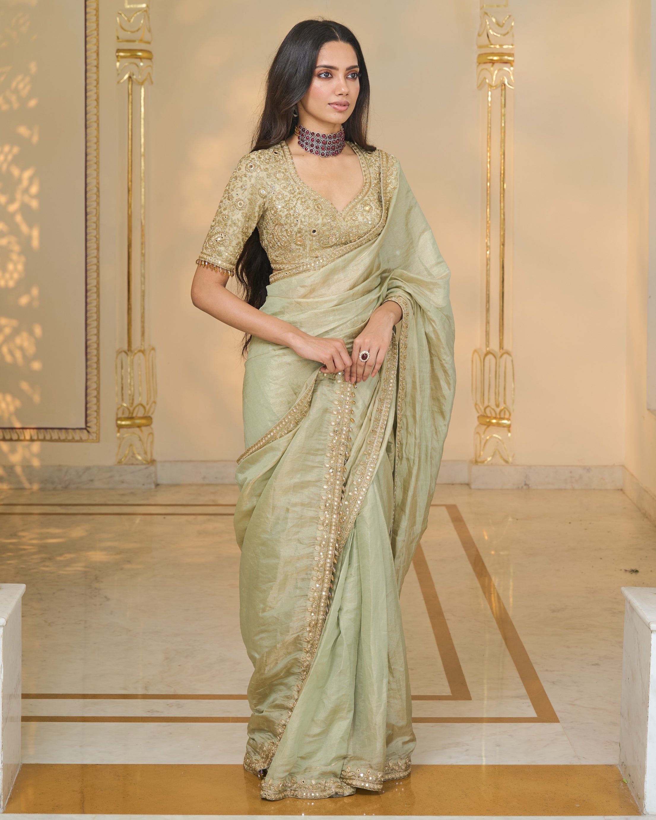 Sage Green Tissue Hand Embroidered 
Classic Sari Set