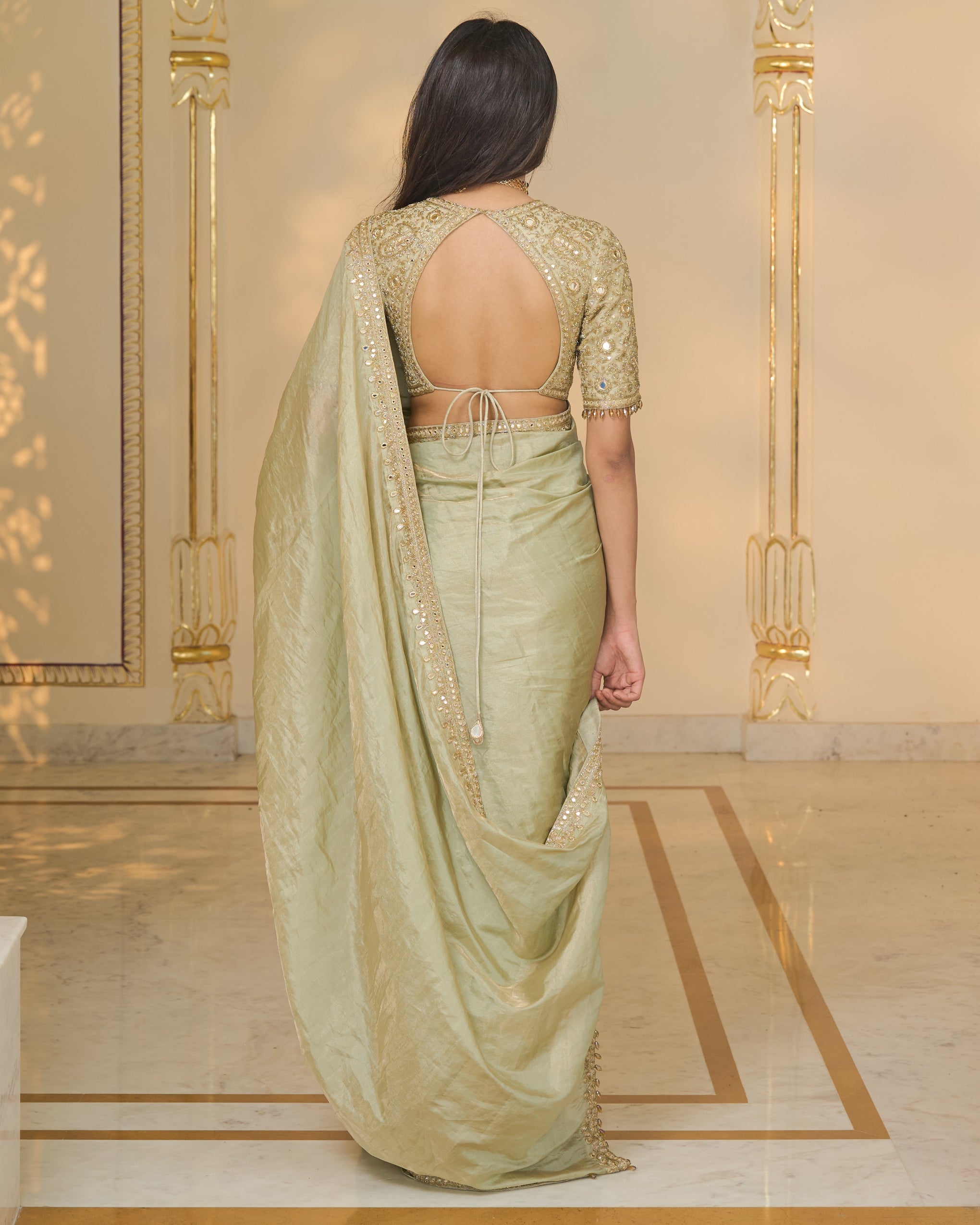 Sage Green Tissue Hand Embroidered 
Classic Sari Set