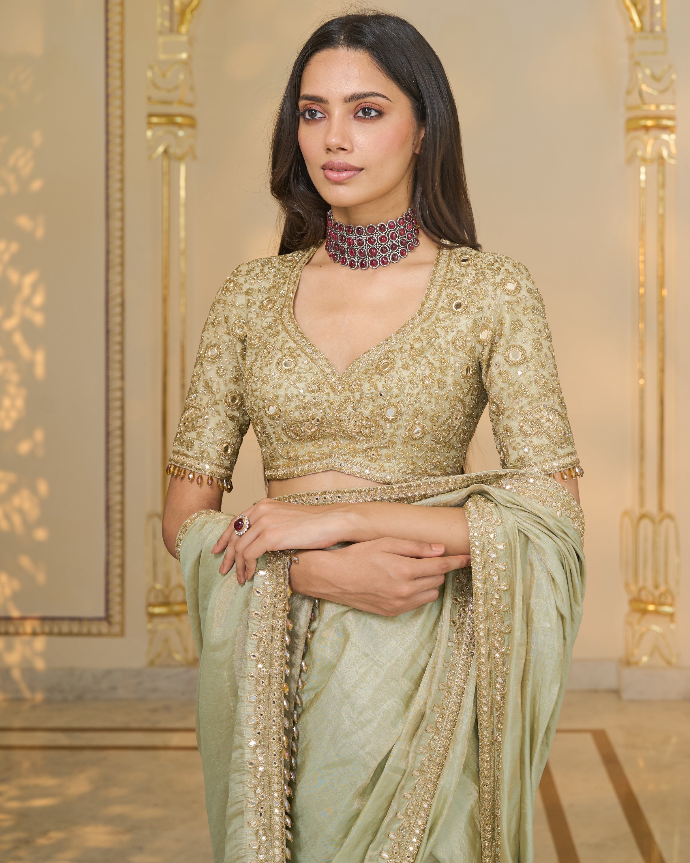 Sage Green Tissue Hand Embroidered 
Classic Sari Set