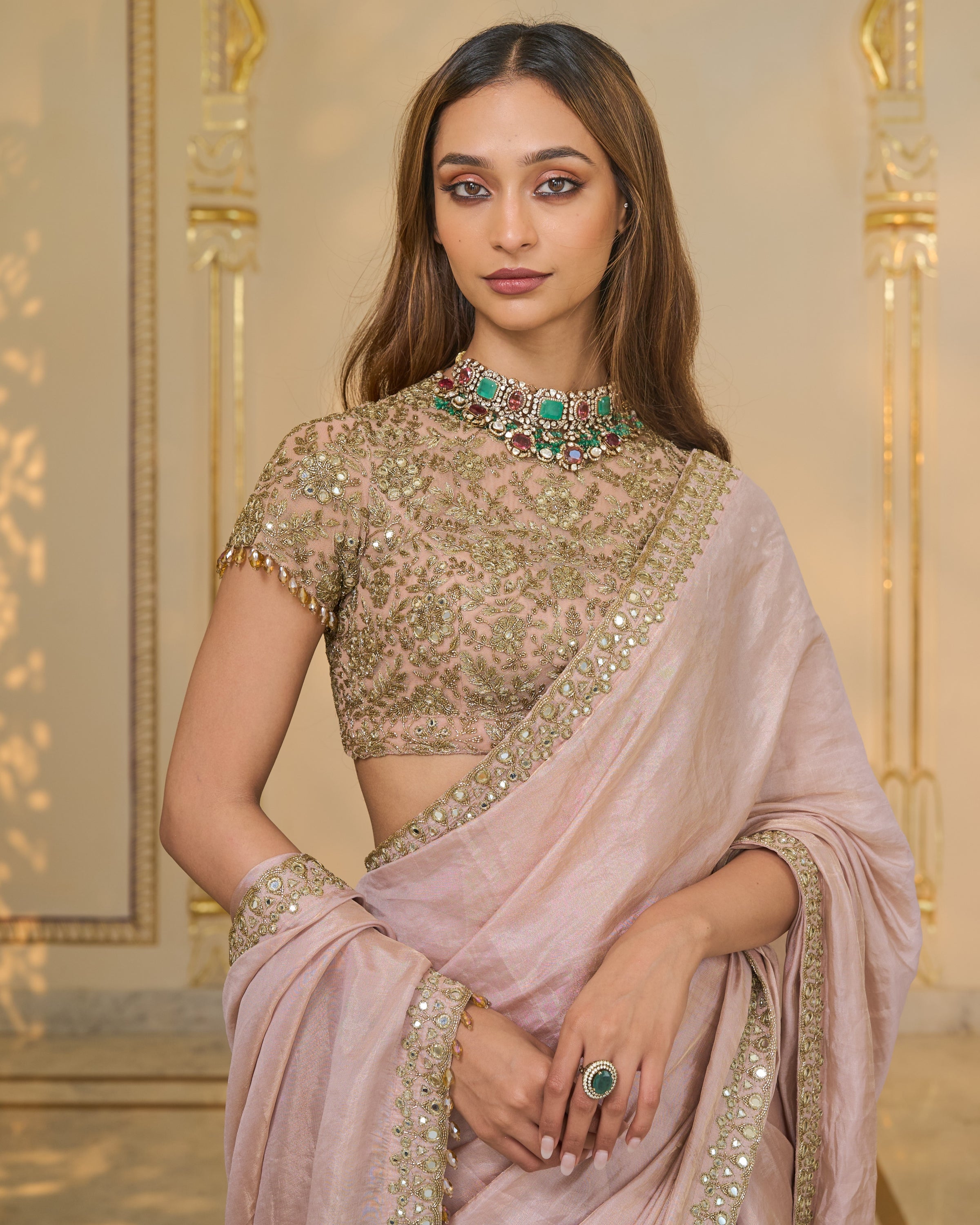 Old Rose Tissue Hand Embroidered 
Classic Sari Set