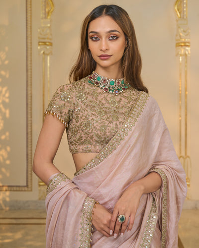 Old Rose Tissue Hand Embroidered 
Classic Sari Set