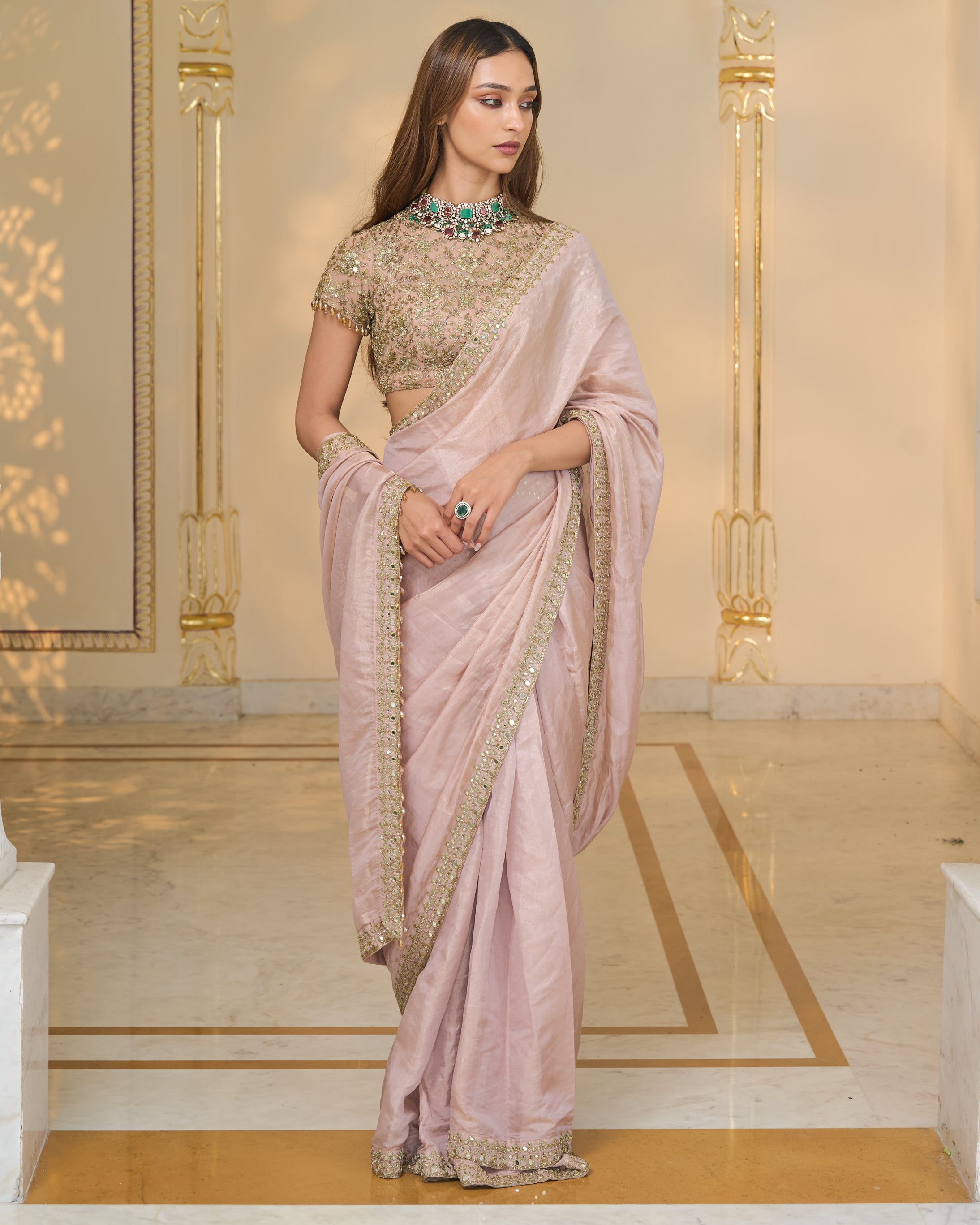 Old Rose Tissue Hand Embroidered 
Classic Sari Set