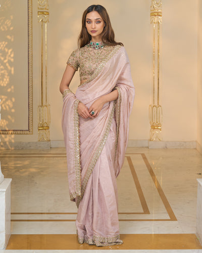 Old Rose Tissue Hand Embroidered 
Classic Sari Set