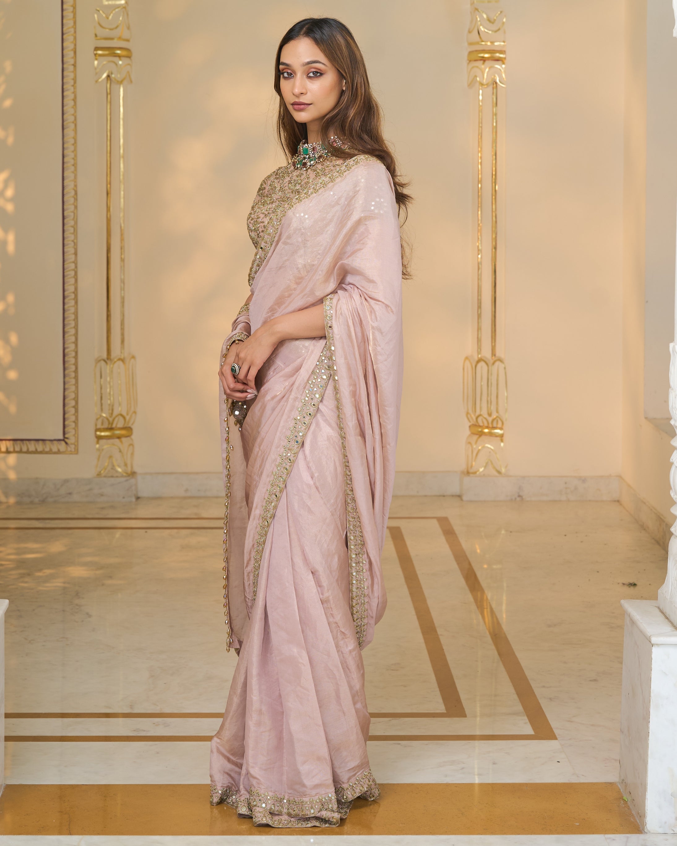 Old Rose Tissue Hand Embroidered 
Classic Sari Set