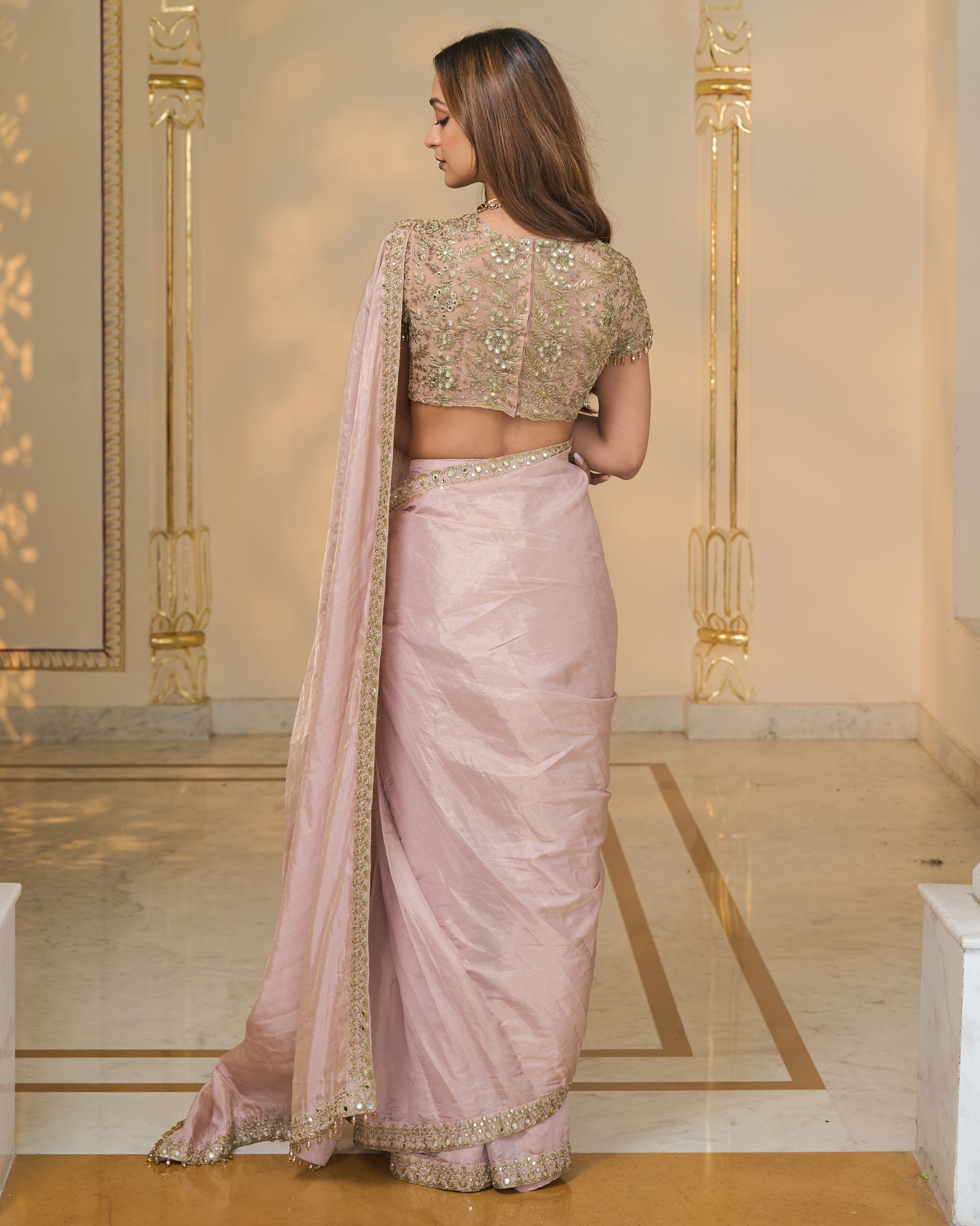 Old Rose Tissue Hand Embroidered 
Classic Sari Set