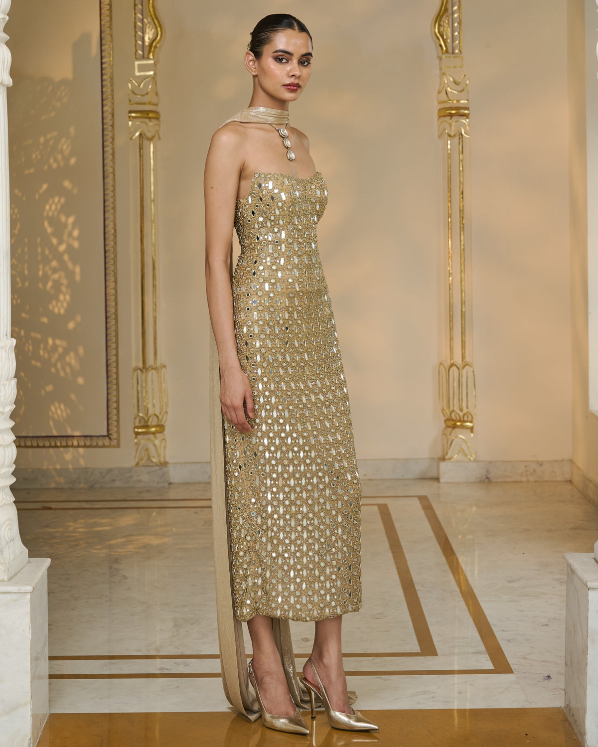 Allbeige Gold Bodycon Dress With Slim Dupatta