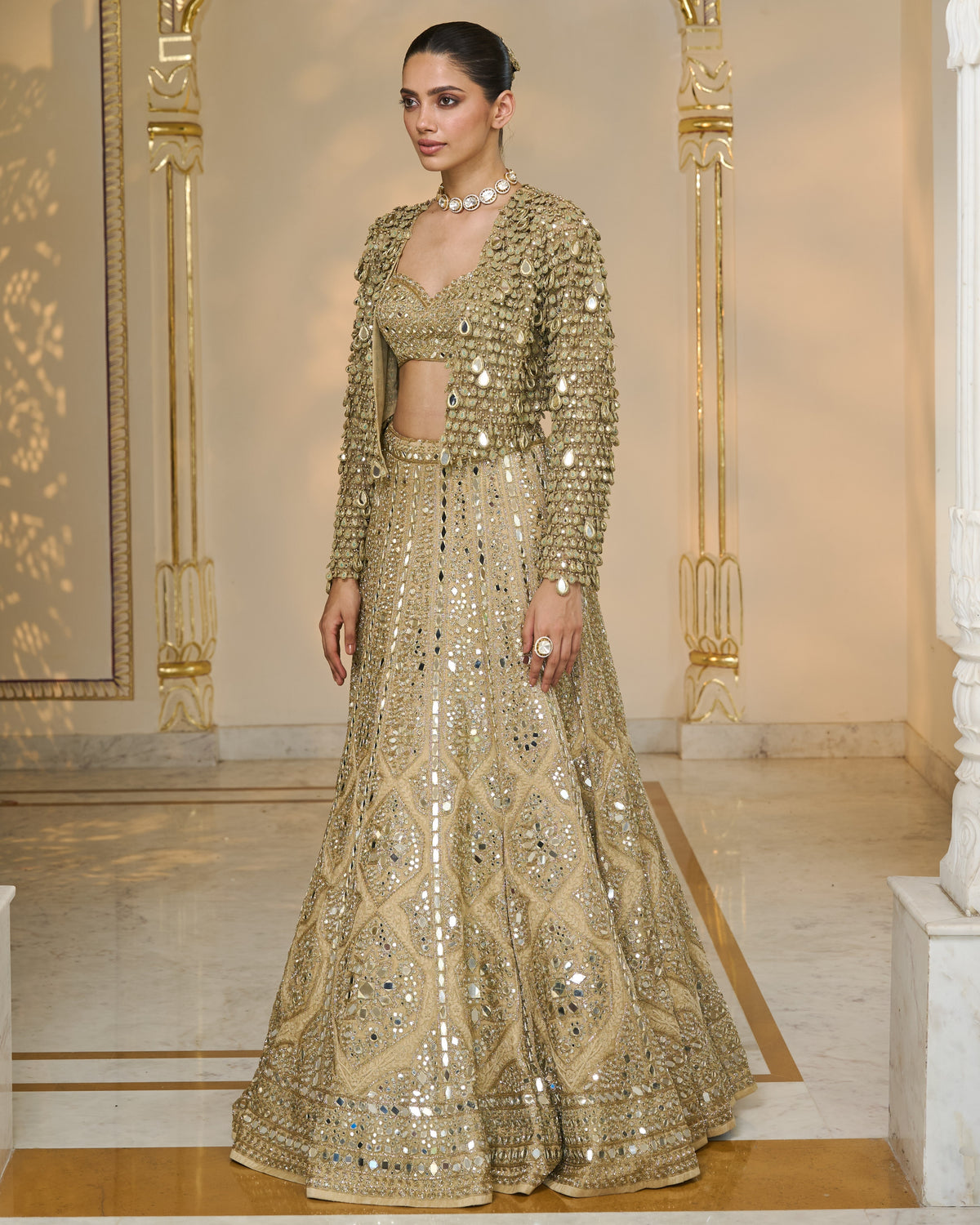 All Gold Tissue Mirror & Thread Hand Embroidered Lehenga Set