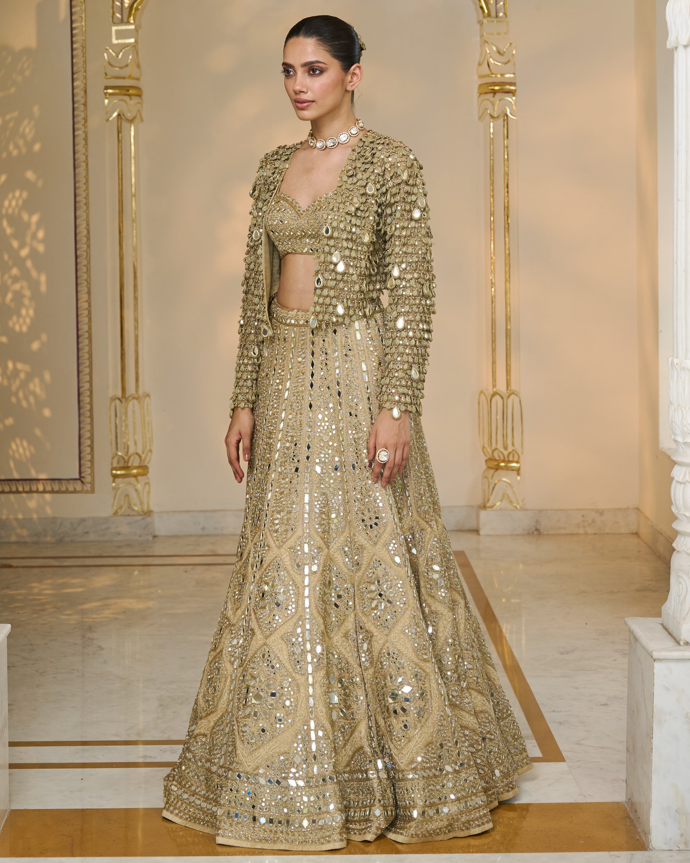 All Gold Tissue Mirror & Thread Hand Embroidered Lehenga Set