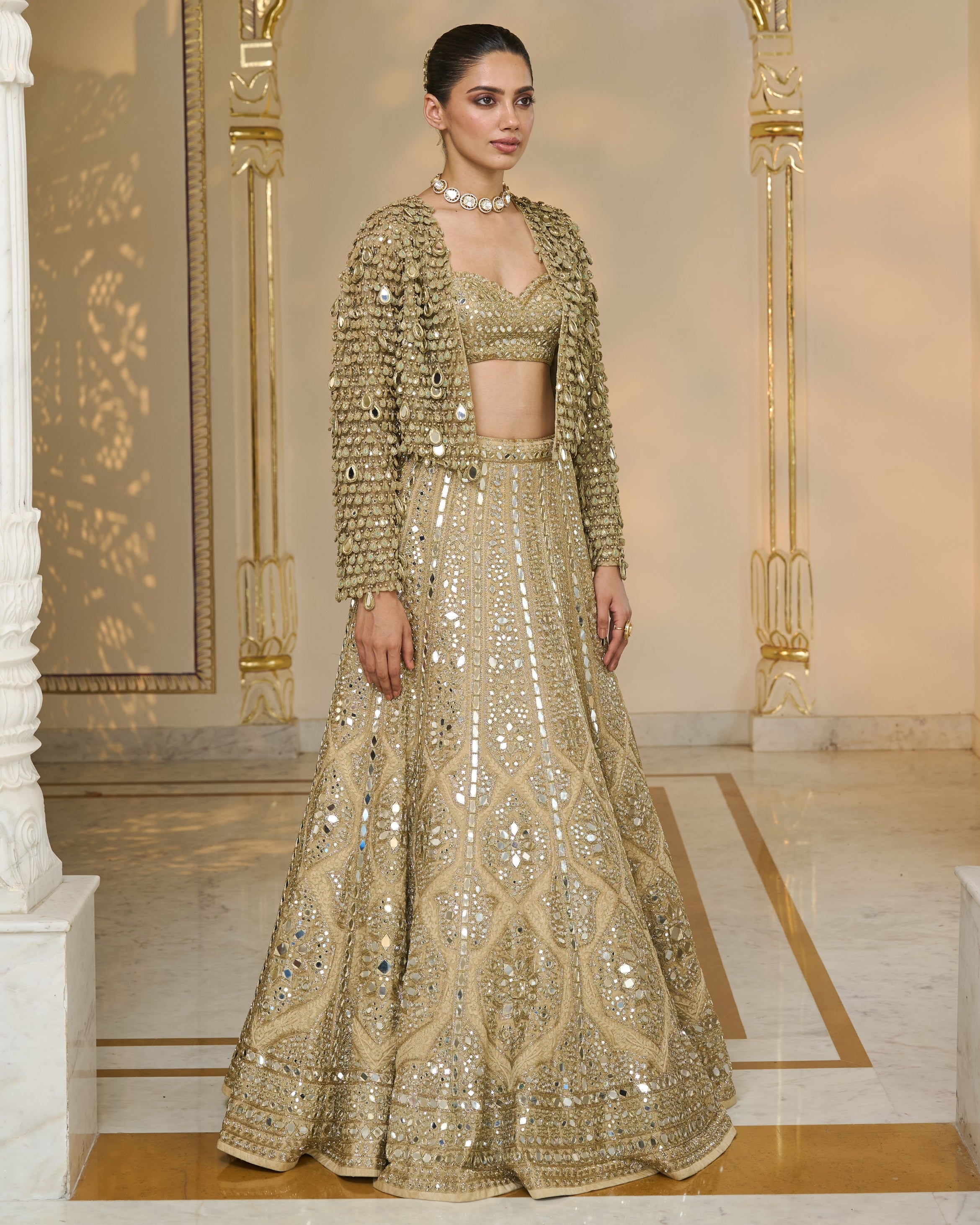 All Gold Tissue Mirror & Thread Hand Embroidered Lehenga Set