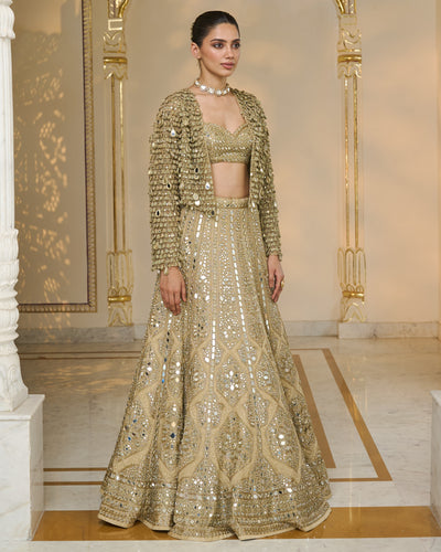All Gold Tissue Mirror & Thread Hand Embroidered Lehenga Set