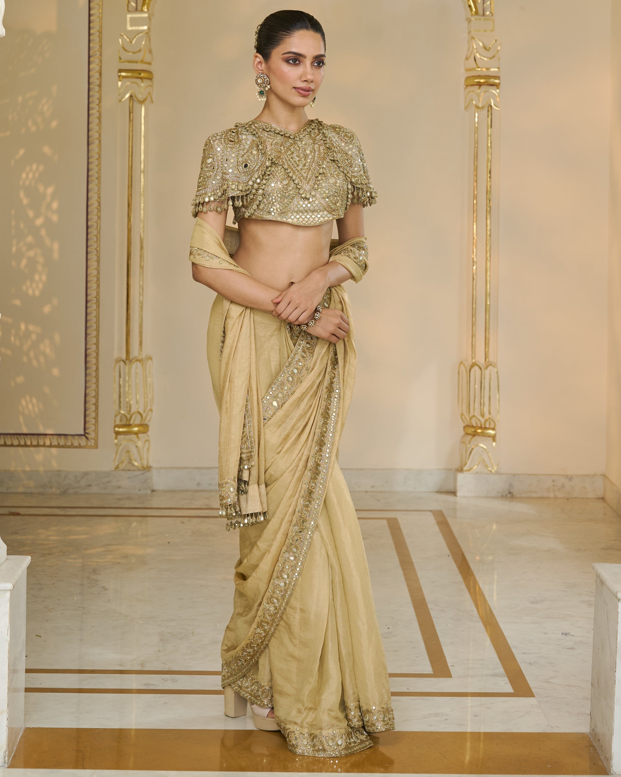 Gold Tissue Classic Sari With Hand Embroidered Blouse