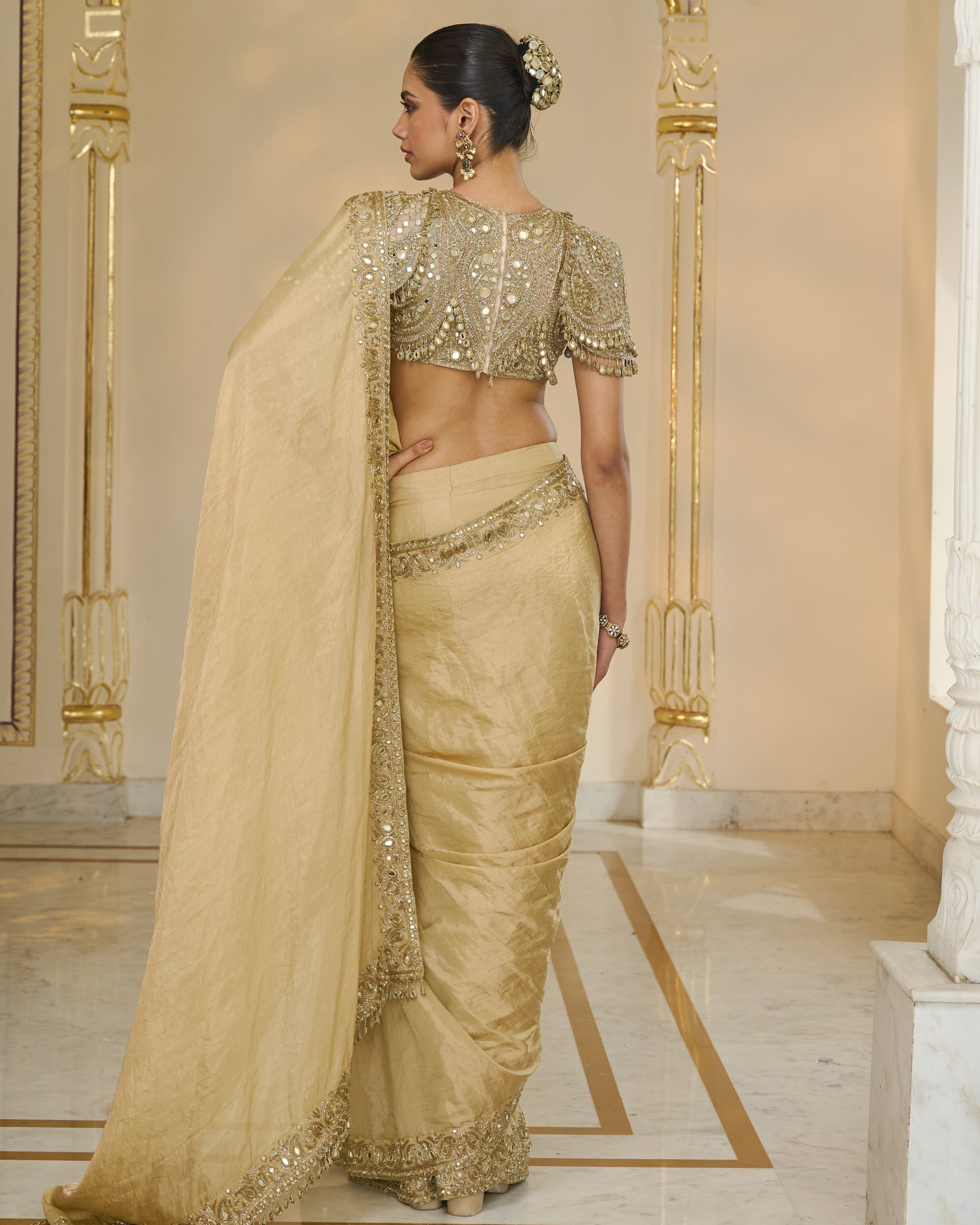 Gold Tissue Classic Sari With Hand Embroidered Blouse