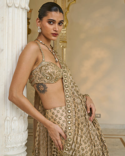 Gold Hand Embroidered Pre
 Stitched Tissue Lehenga
 Sari Set
