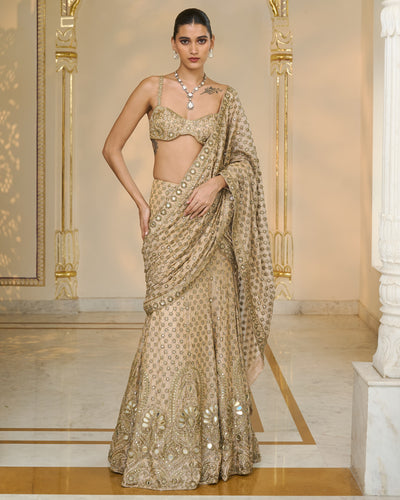 Gold Hand Embroidered Pre
 Stitched Tissue Lehenga
 Sari Set