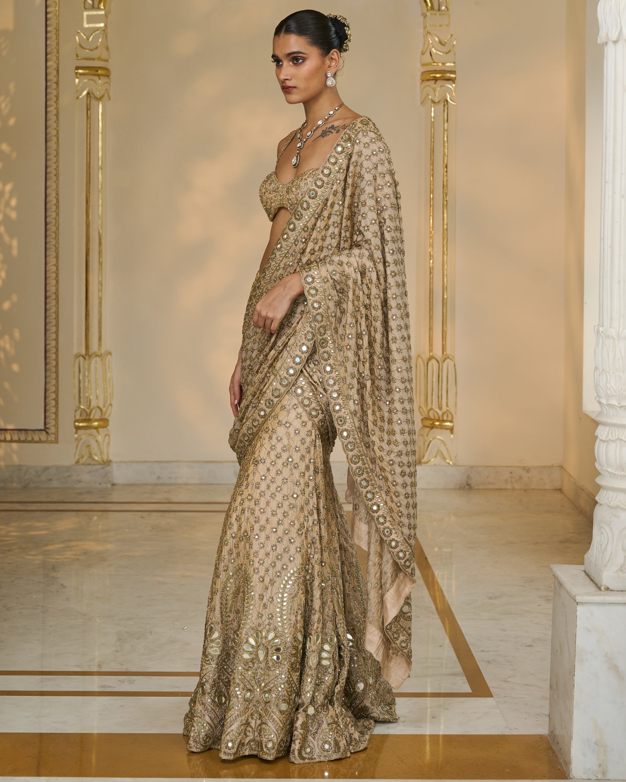 Gold Hand Embroidered Pre
 Stitched Tissue Lehenga
 Sari Set
