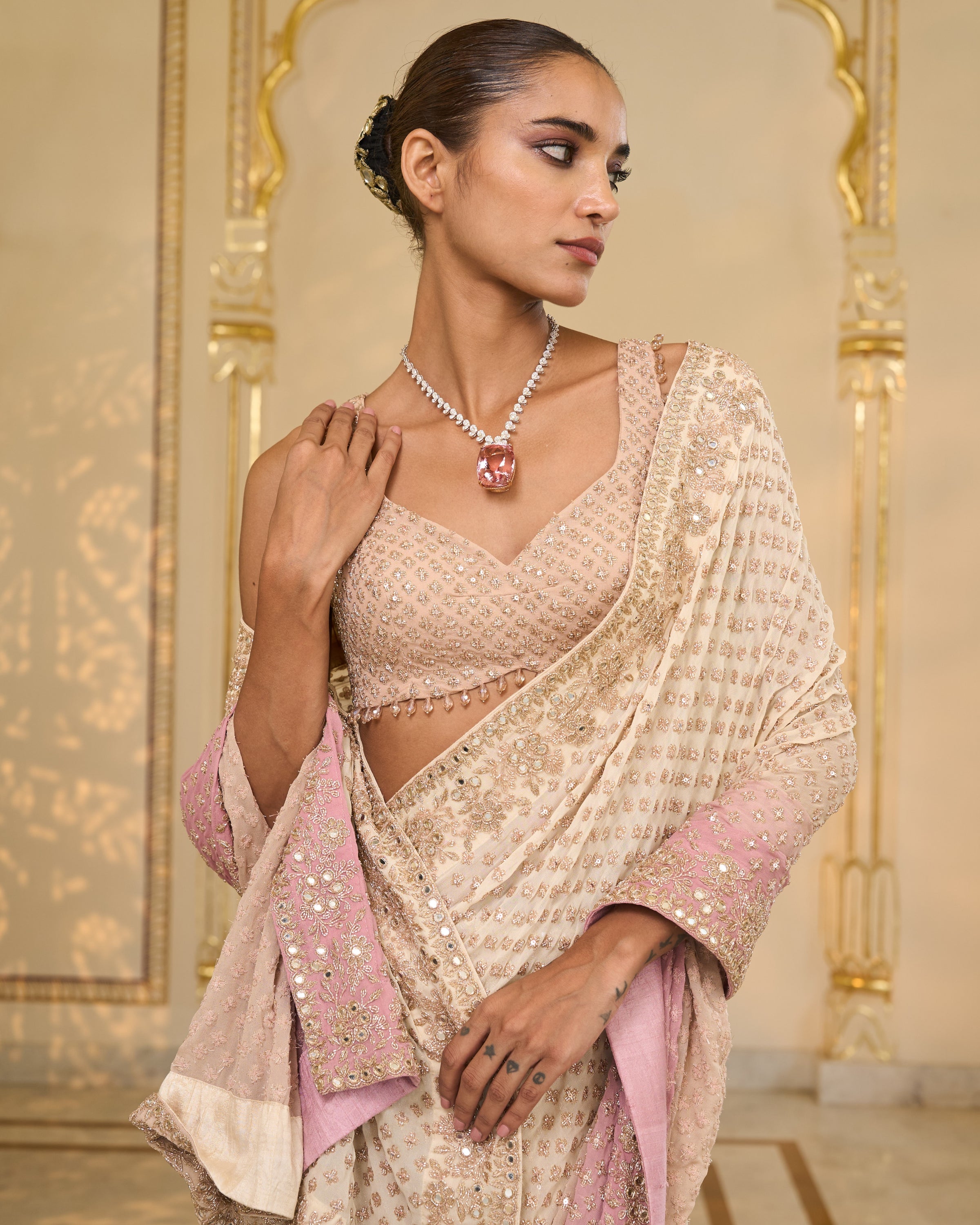 Pink Shaded Hand
 Embroidered Star Sari Set