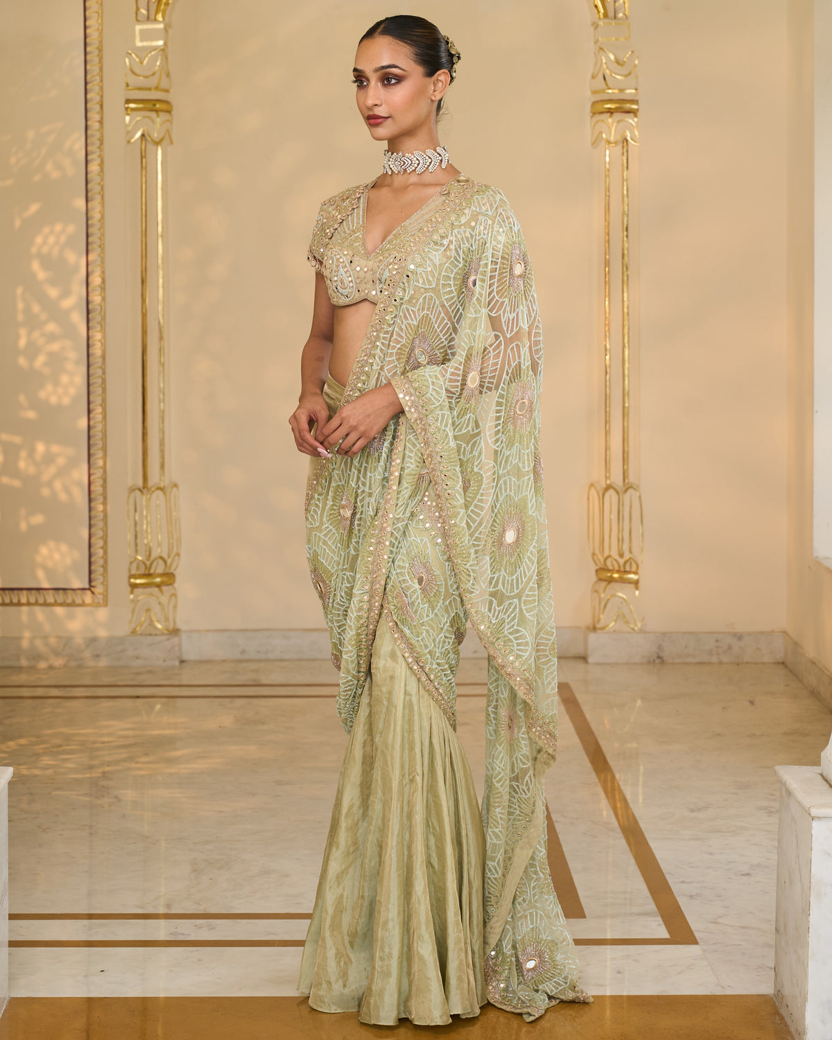 Sea Green Tissue Godet Hand Embroidered Sari Set