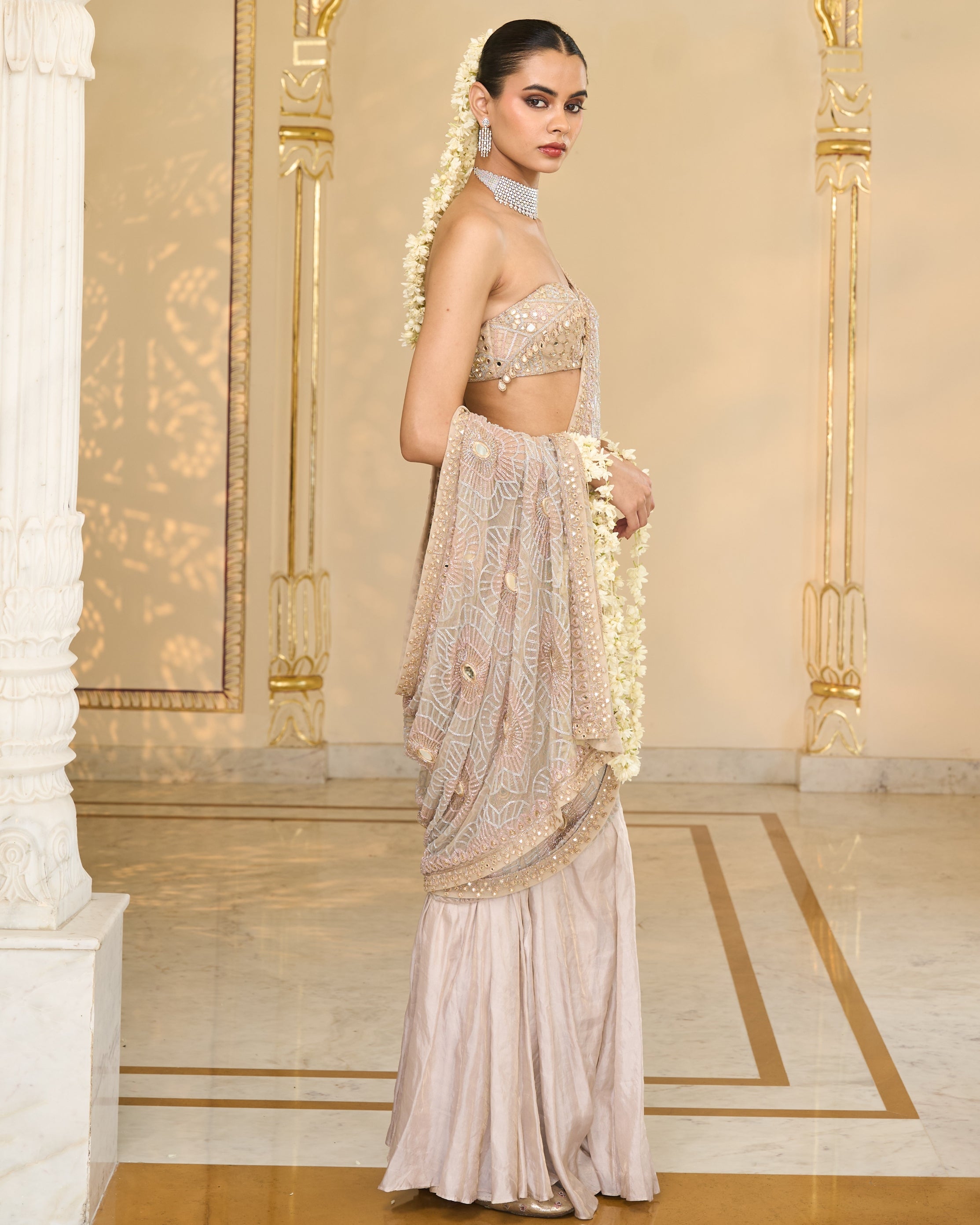 Rose Gold Tissue Godet Hand Embroidered Sari Set