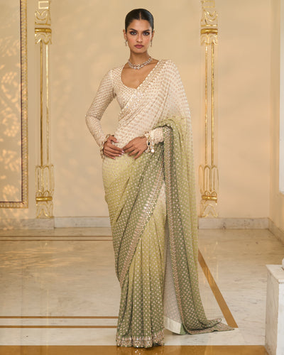 Green Shaded Hand
 Embroidered Star Sari Set