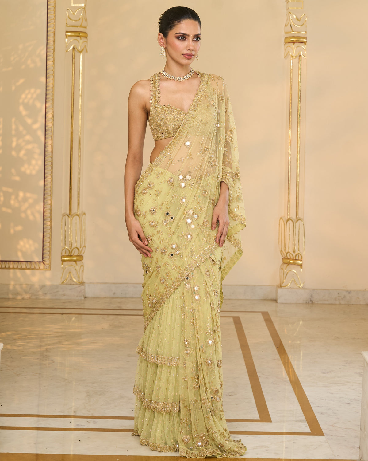 Mint Green Net Hand Embroiered Jaal Ruffle Sari Set