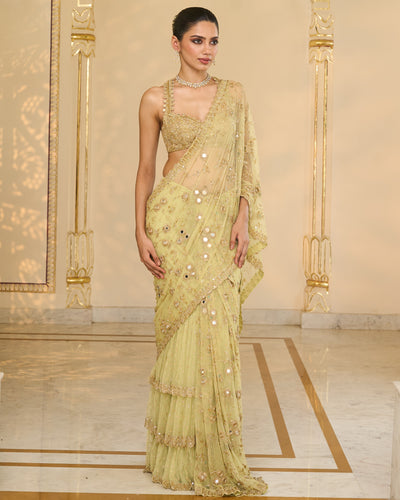 Mint Green Net Hand Embroiered Jaal Ruffle Sari Set