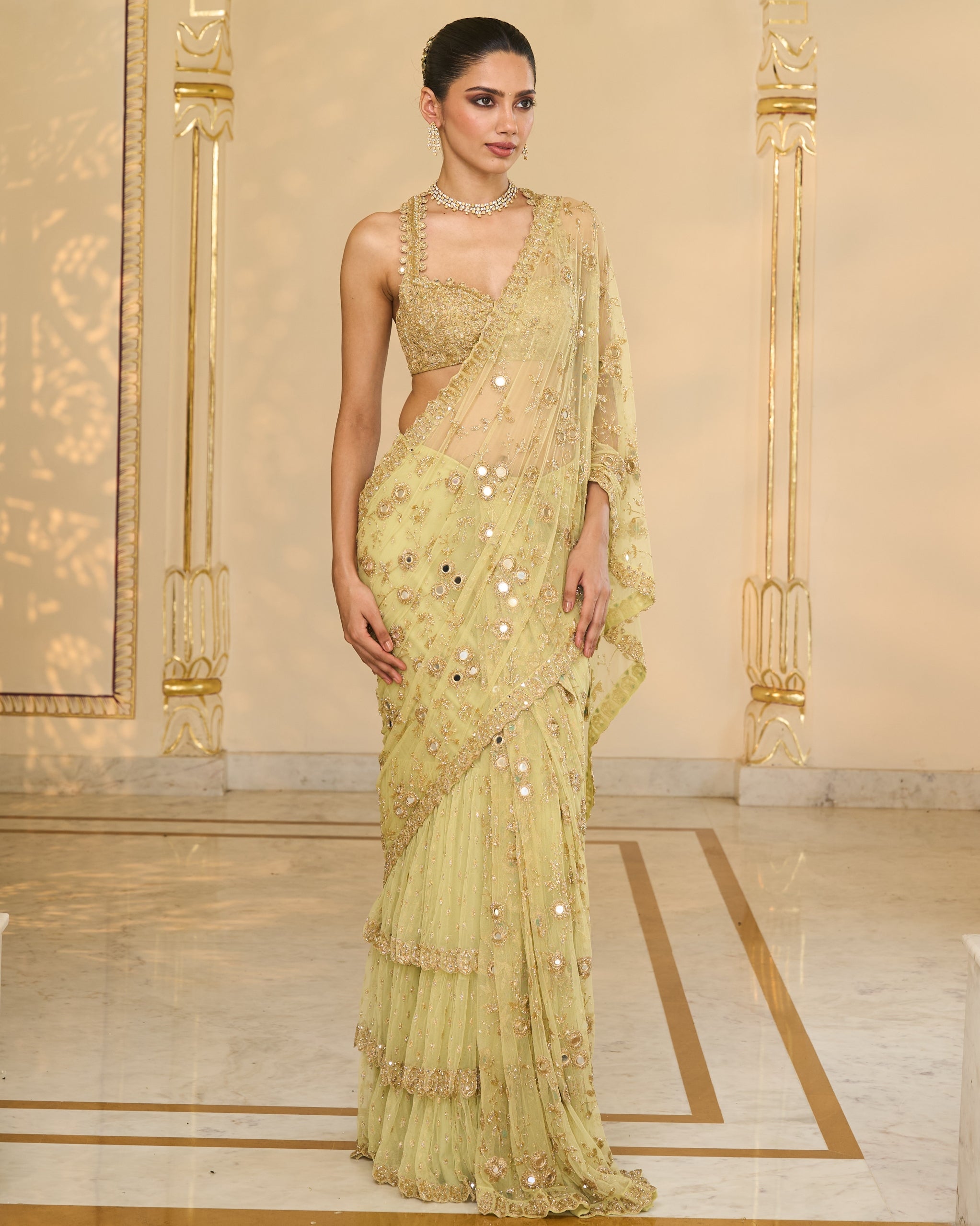 Mint Green Net Hand Embroiered Jaal Ruffle Sari Set