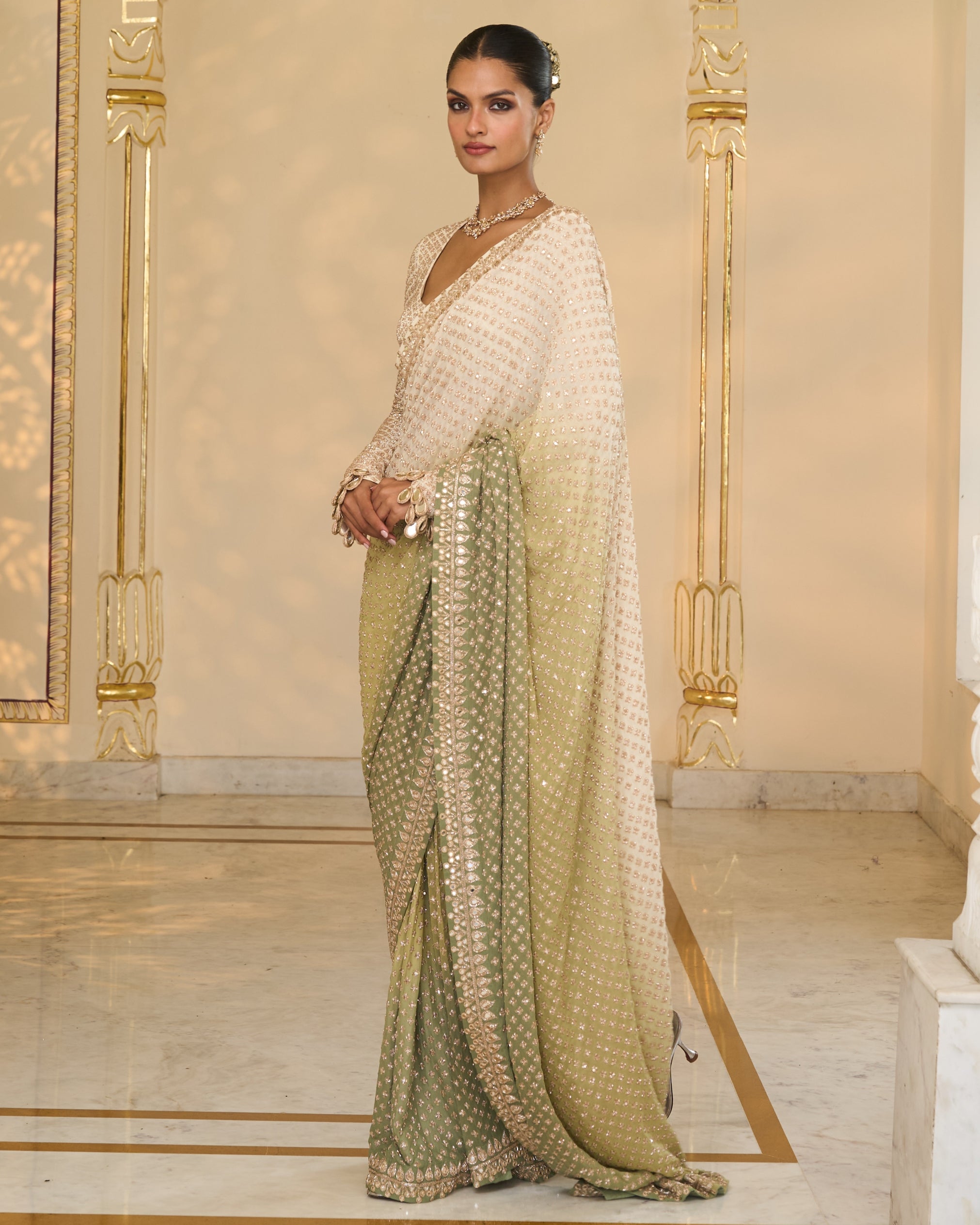 Green Shaded Hand
 Embroidered Star Sari Set