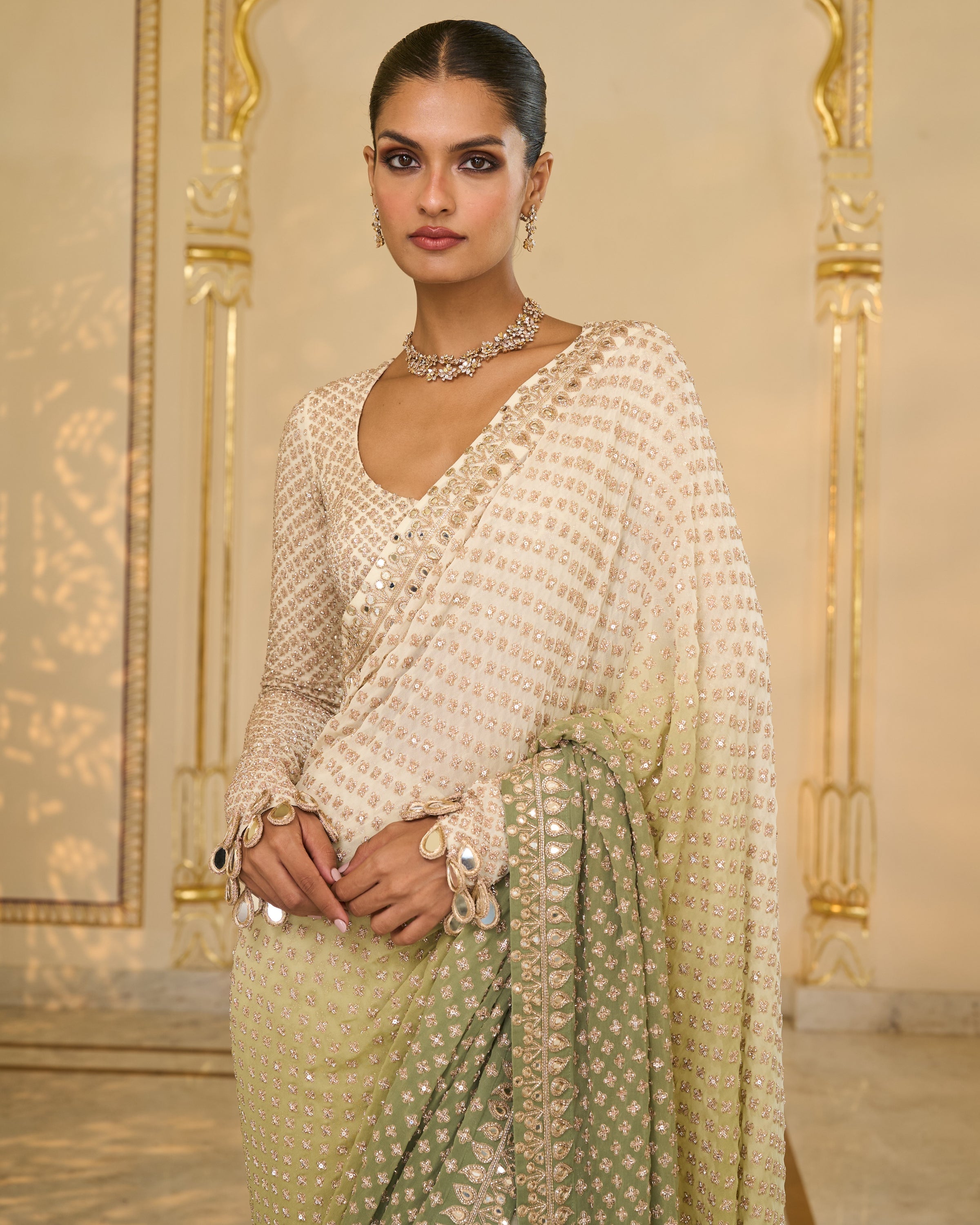 Green Shaded Hand
 Embroidered Star Sari Set