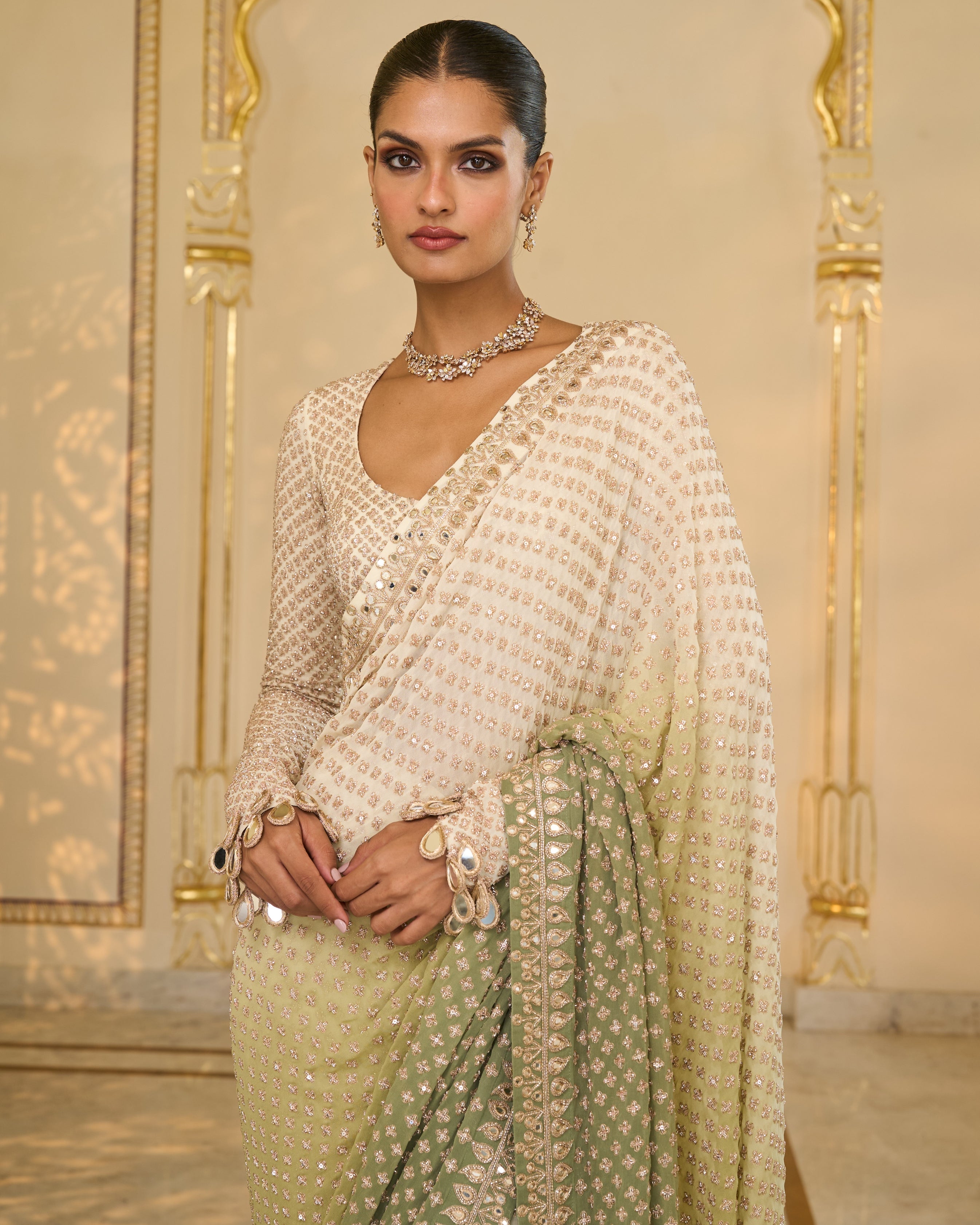 Green Shaded Hand
 Embroidered Star Sari Set