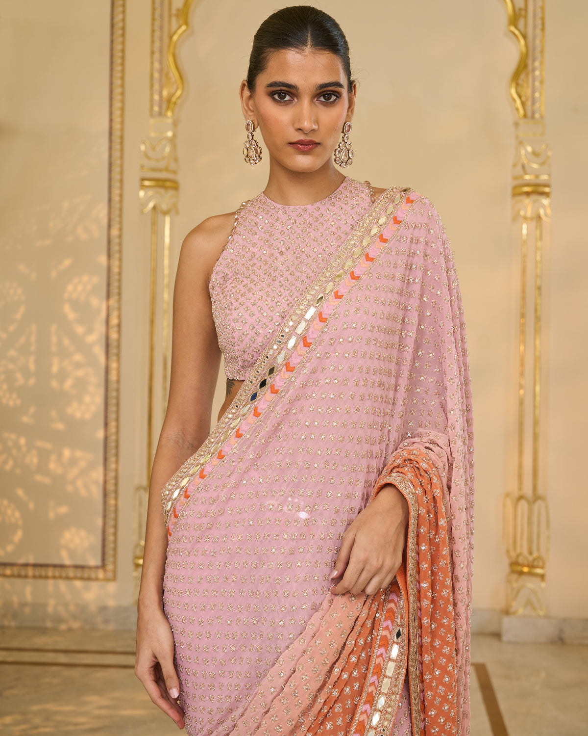 Mauve Shaded Hand
 Embroidered Star Sari Set