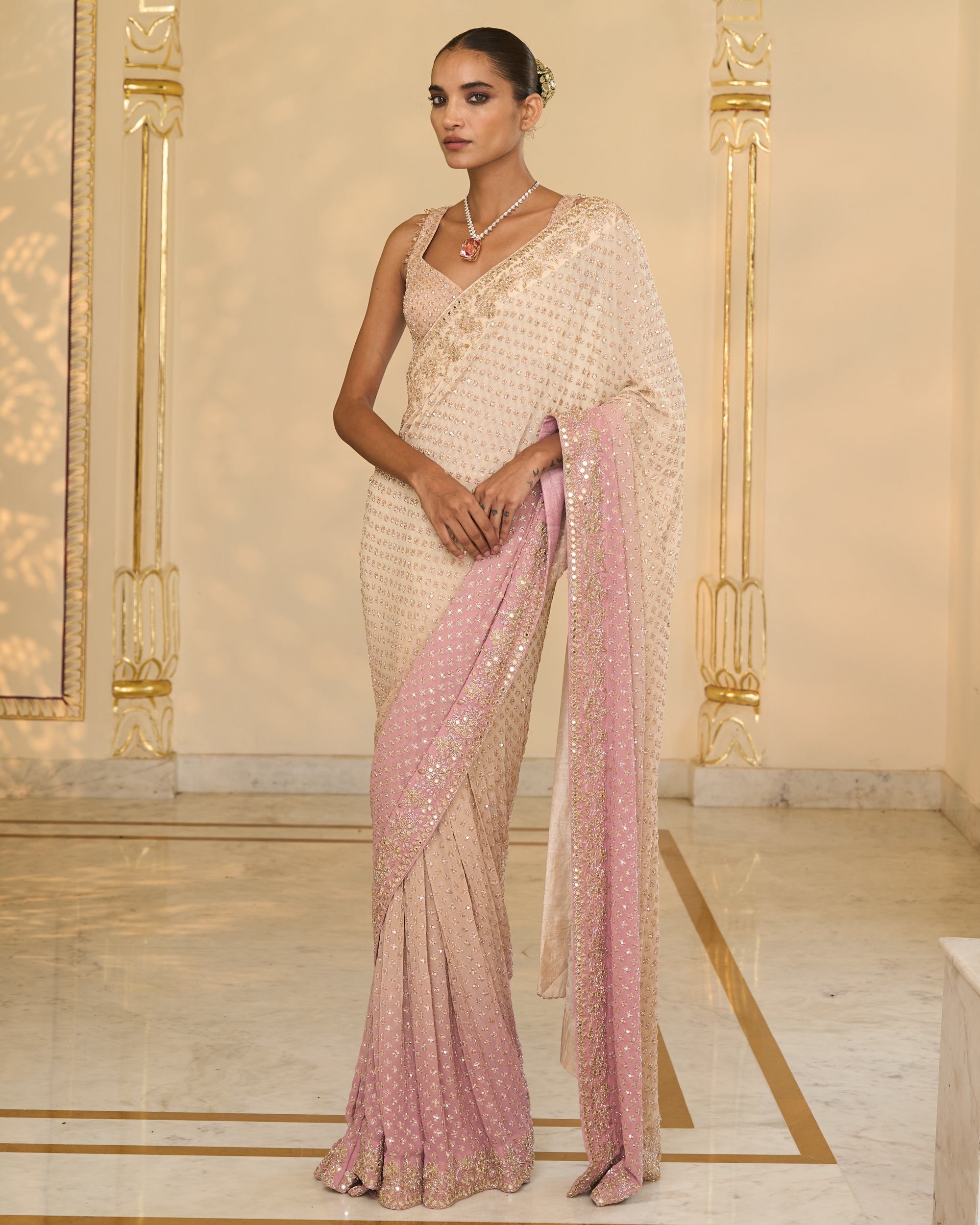 Pink Shaded Hand
 Embroidered Star Sari Set