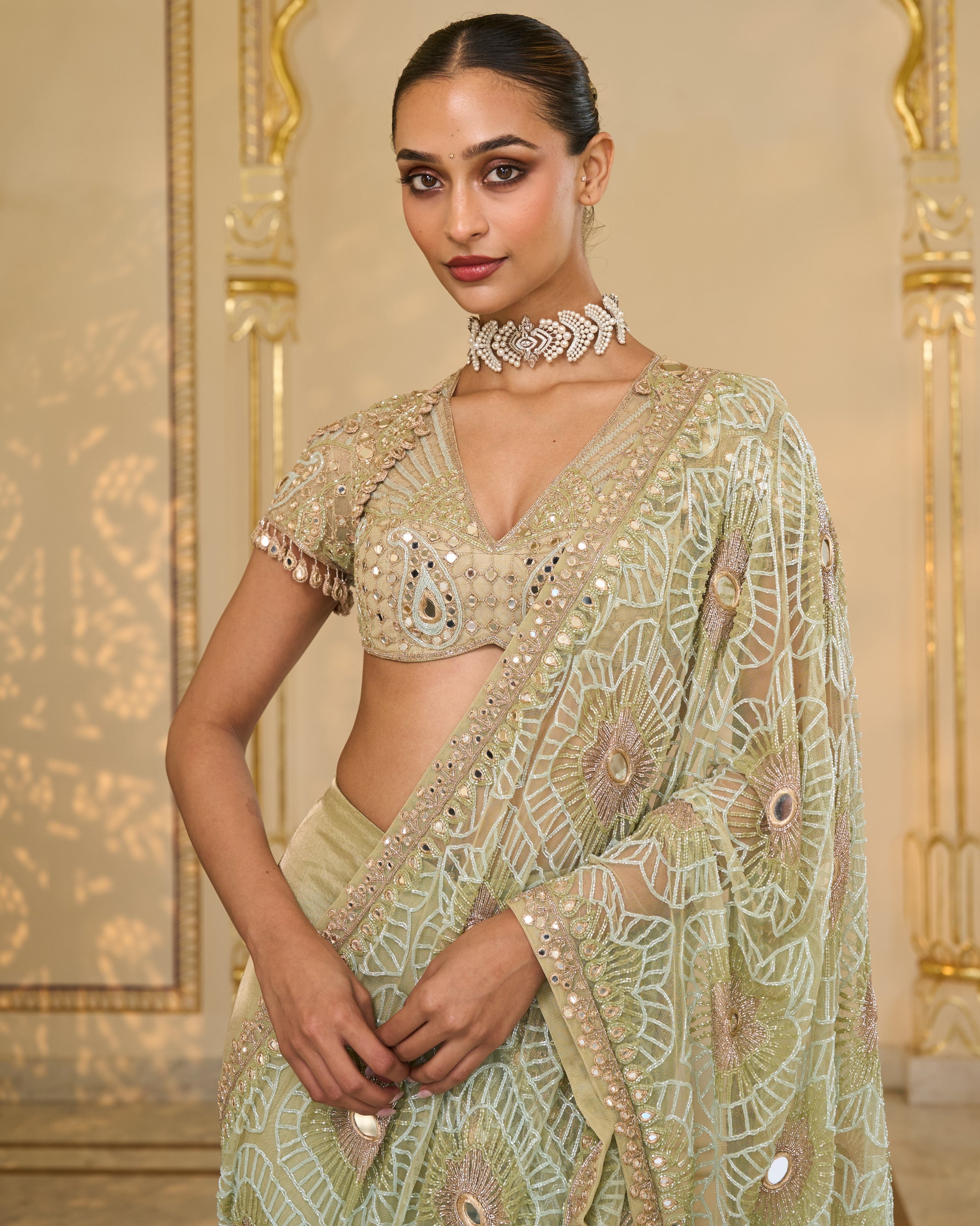 Sea Green Tissue Godet Hand Embroidered Sari Set