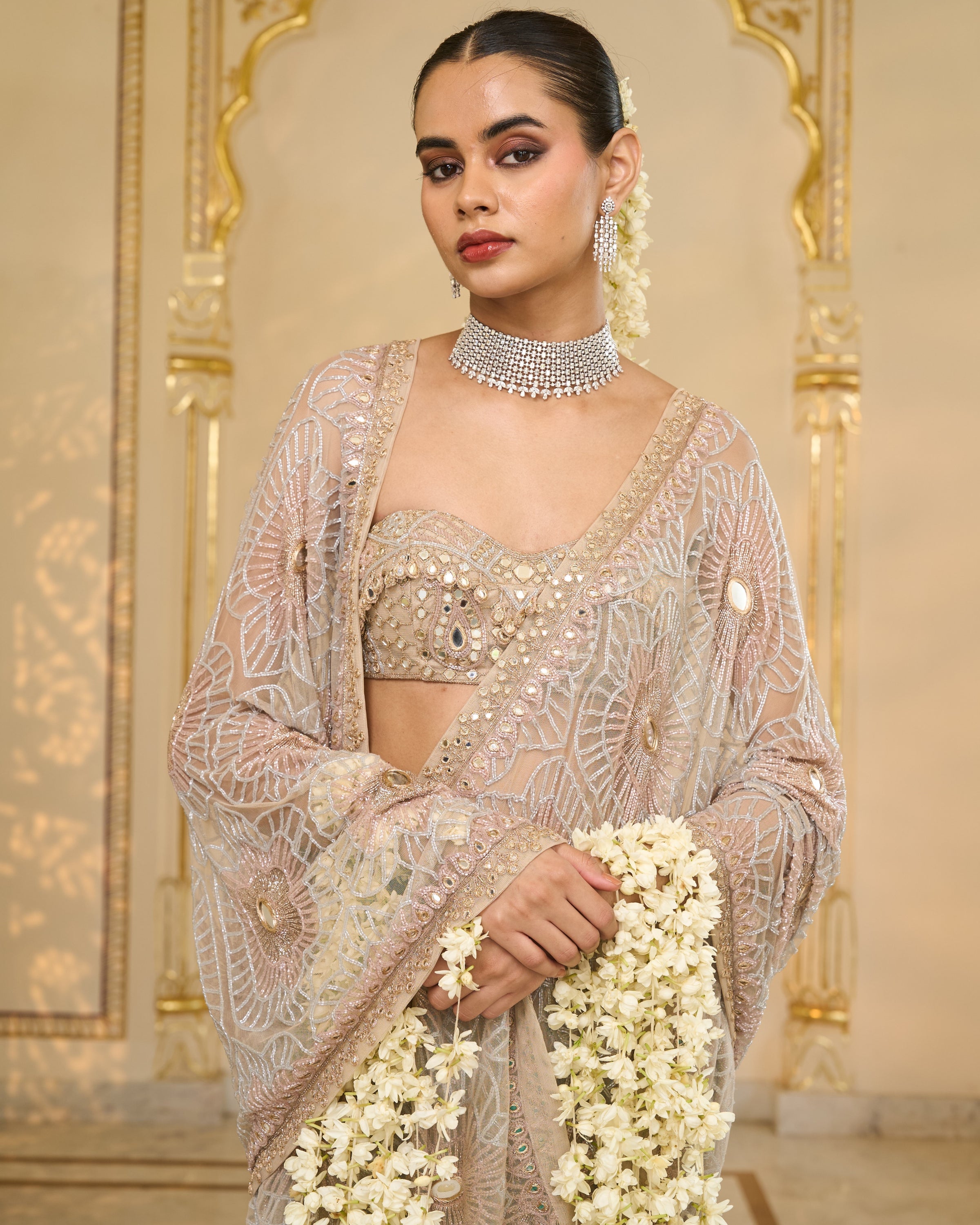 Rose Gold Tissue Godet Hand Embroidered Sari Set